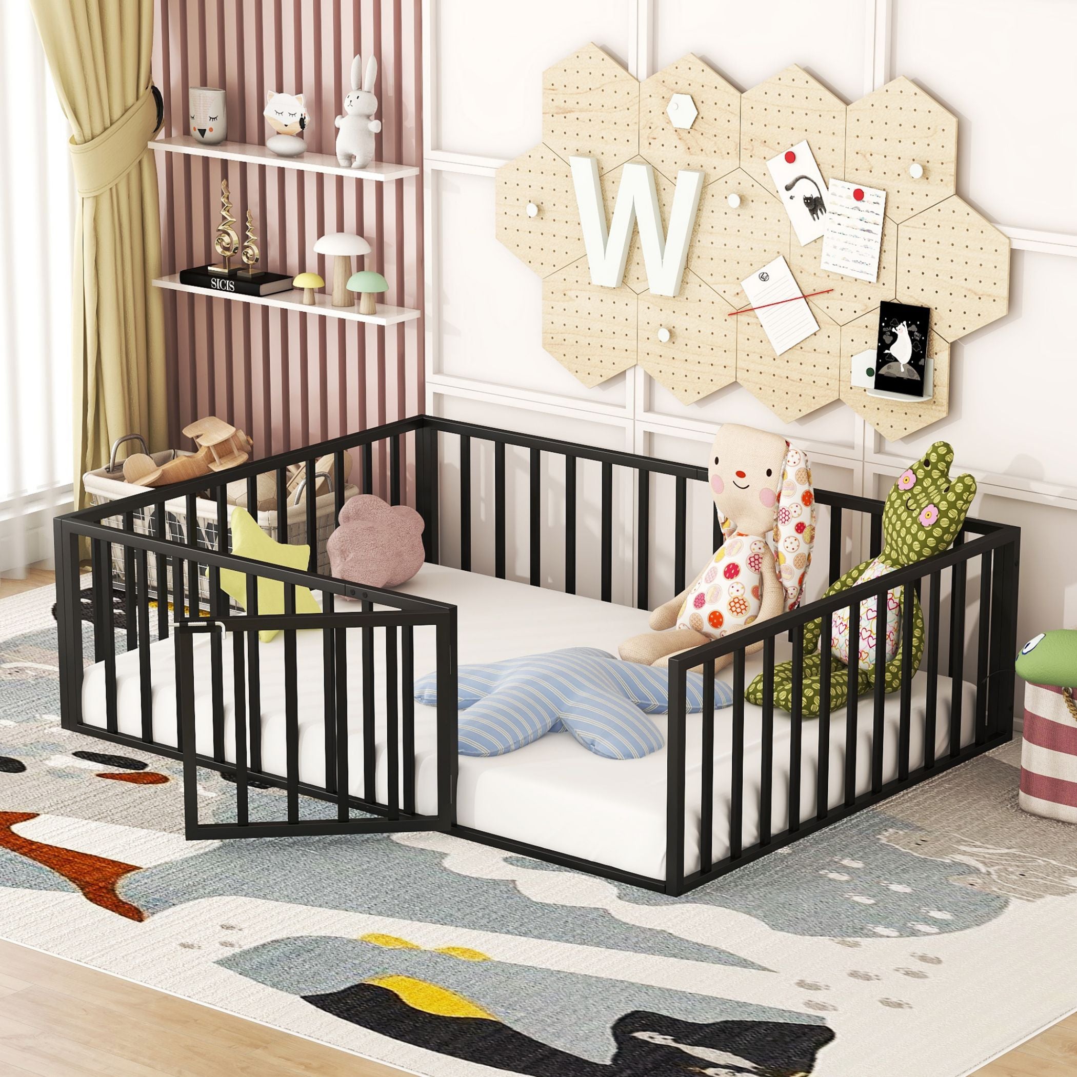 Metal Floor Fence Bed, Montessori Bedframe, with Safety Guardrail and Door