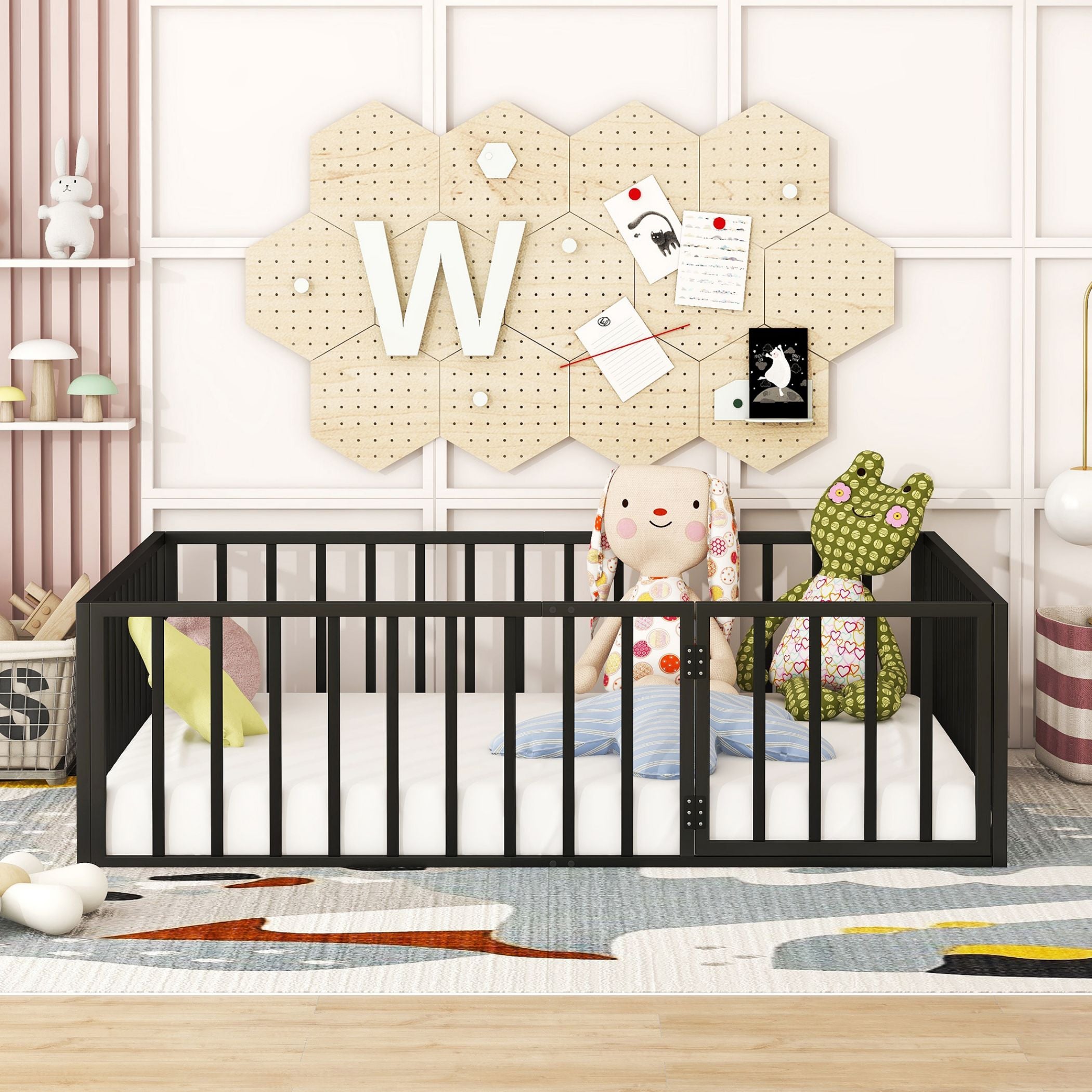 Metal Floor Fence Bed, Montessori Bedframe, with Safety Guardrail and Door