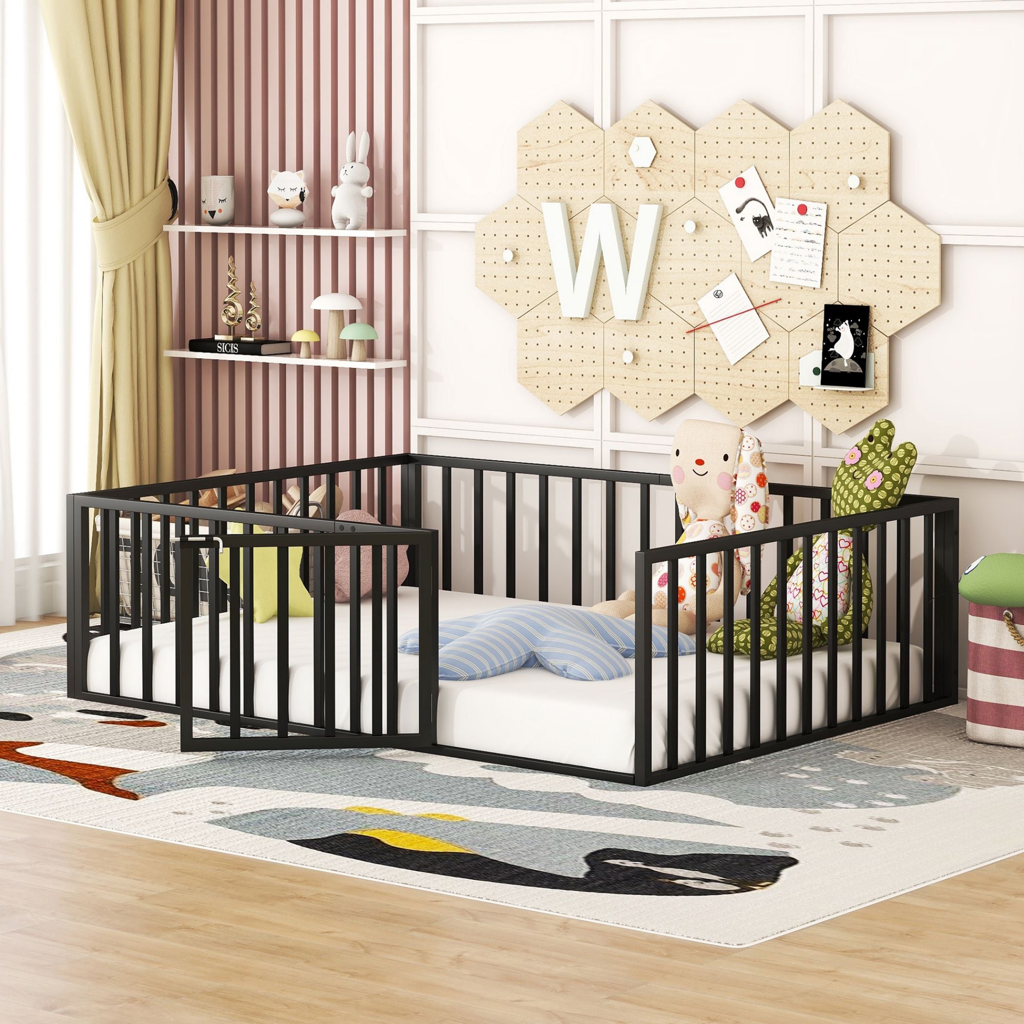 Metal Floor Fence Bed, Montessori Bedframe, with Safety Guardrail and Door