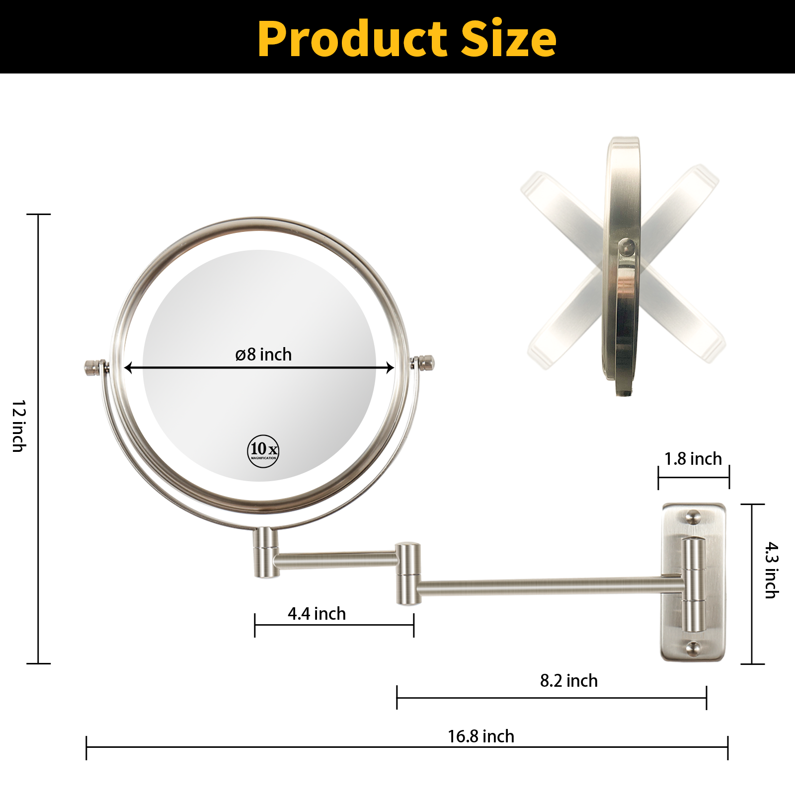 8 Inch Wall-Mounted Makeup Mirror, Double Sided 1x/10x Magnifying Makeup Mirror, 3 Colour Lights Touch Screen Dimmable Bathroom Mirror, 360° Swivel Vanity Mirror Built-In Battery (Brushed Nickel)