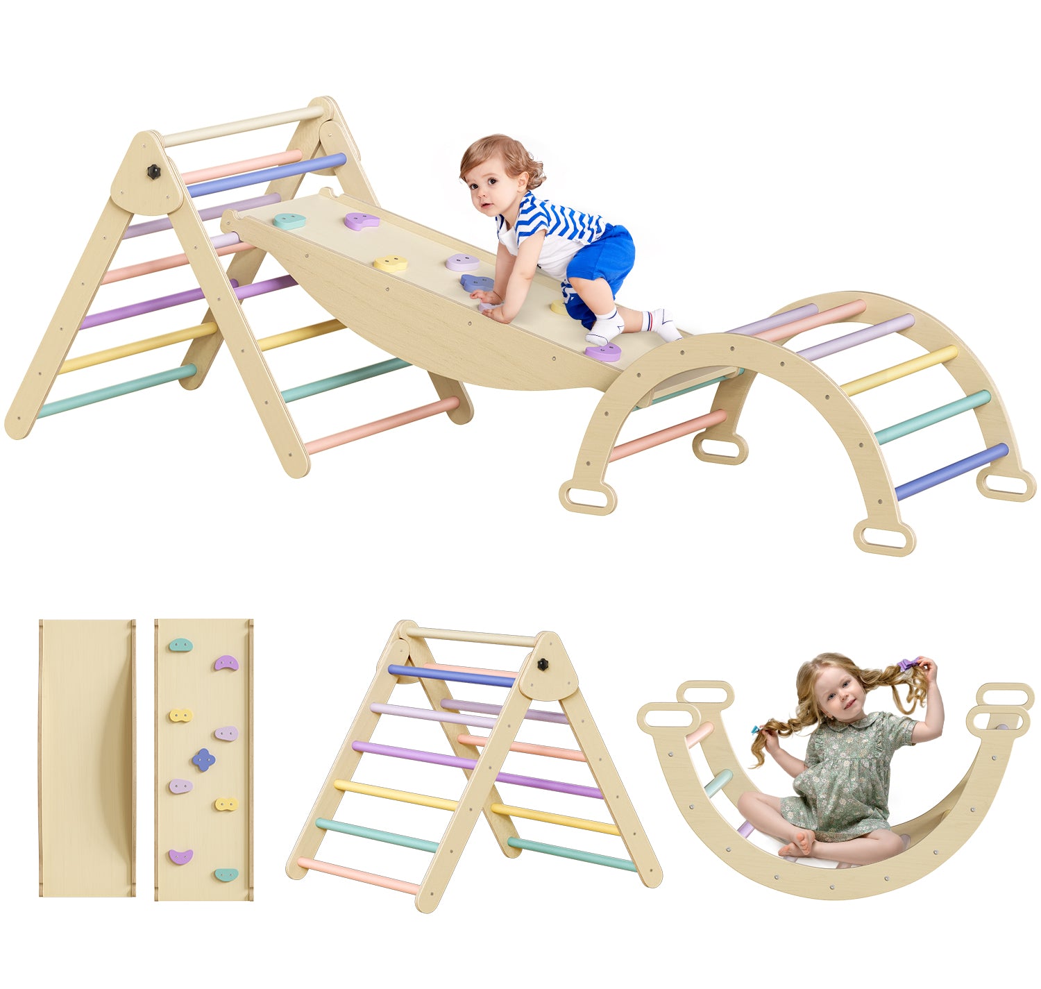 7 in 1 Pikler Triangle Set, Baby Climbing Toy, Montessori Learning Toy with Arch, Ramp, and Climbing Triangle