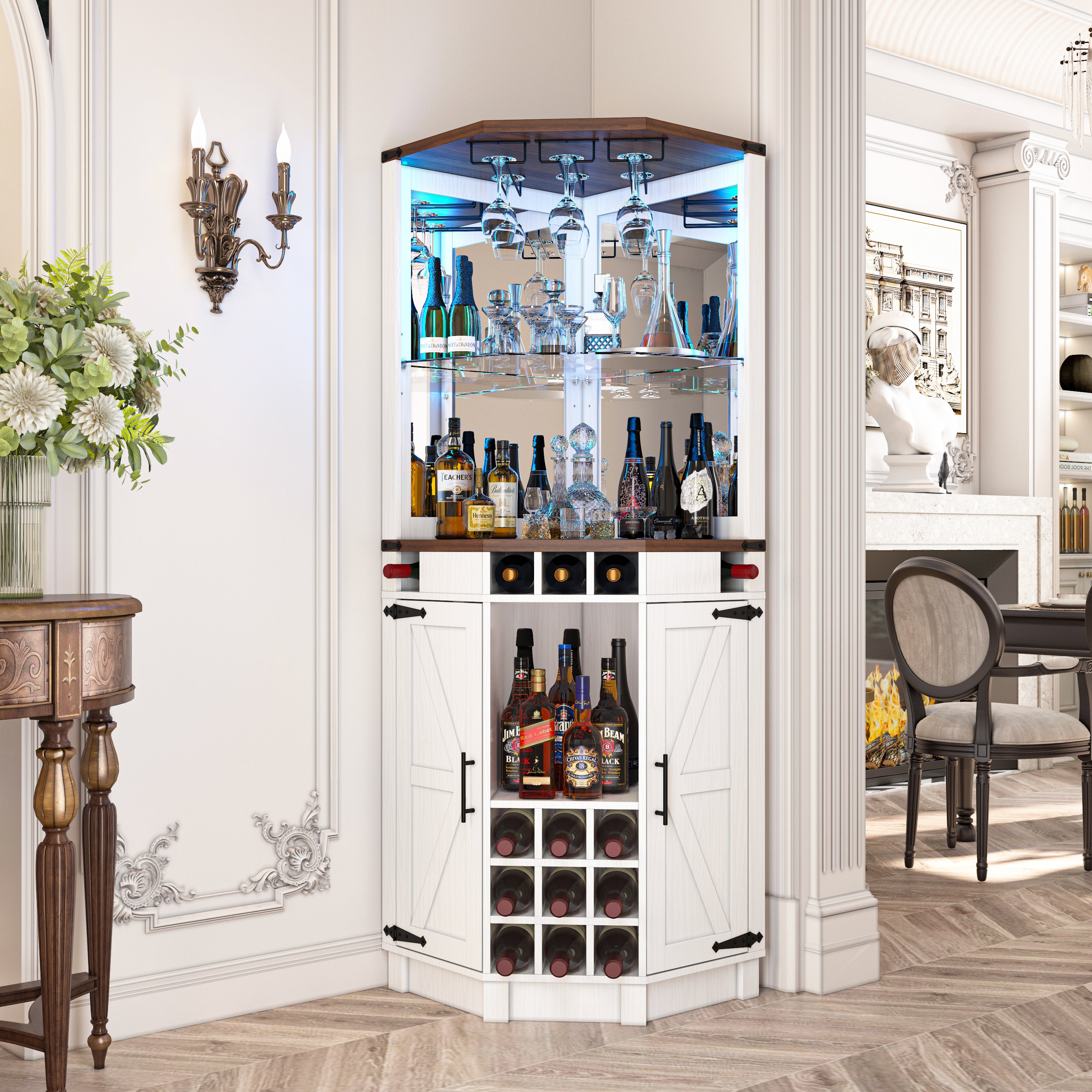32.3 in. W x 22.8 in. D x 70.9 in. H Ready to Assemble Barn Door Corner Cabinet White Wood Bar Cabinet