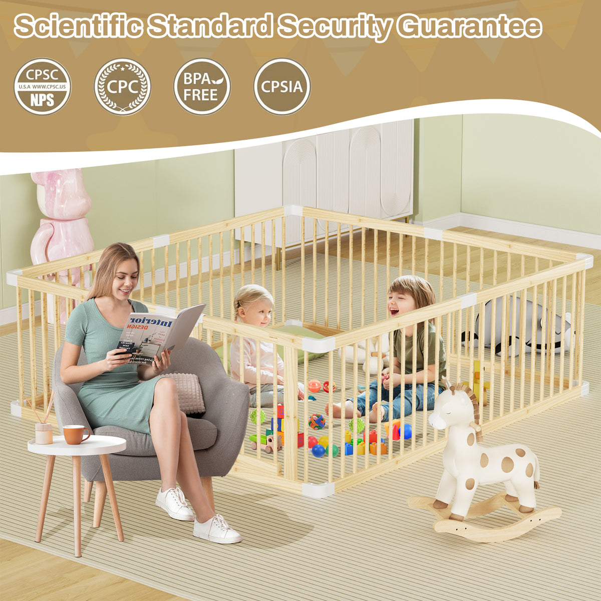 Large Wooden Baby Playpen, Adjustable Gate for Toddler and Babies