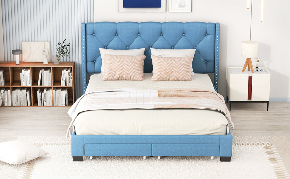 Queen Size Storage Bed Linen Upholstered Platform Bed with Two Drawers - Blue