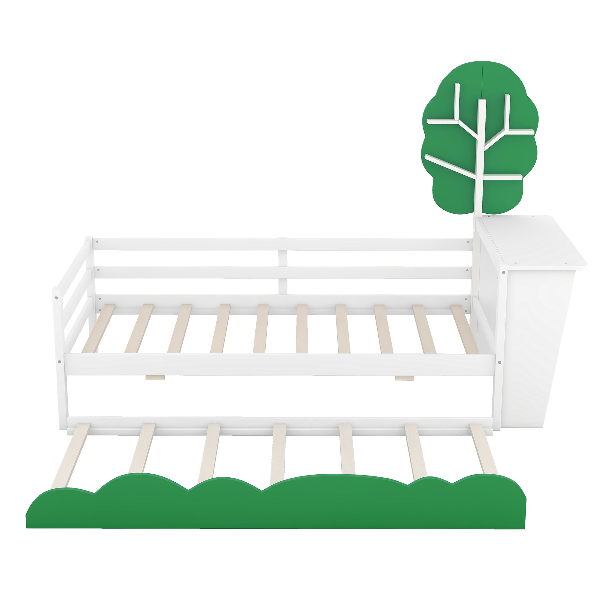 Twin Size Daybed with Desk, Green Tree Shape Shelves and Trundle, White