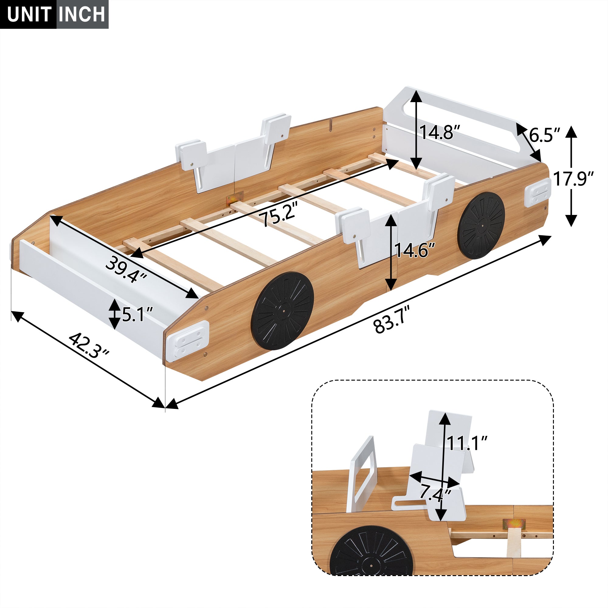 Wood Twin Size Racing Car Bed with Door Design and Storage, Natural+White+Black