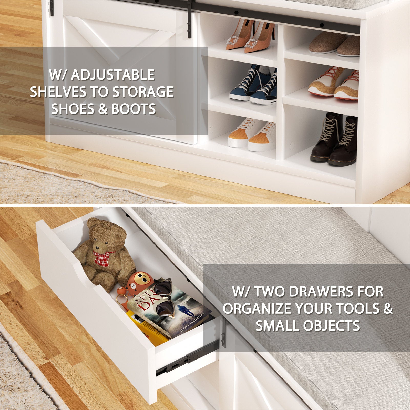 Branda Entryway Hall Tree with Bench and Shoe Storage, Coat Rack with Bench Shoe Storage with Slide Organizer Cabinet Drawer Barn Door and Adjustable Shelf
