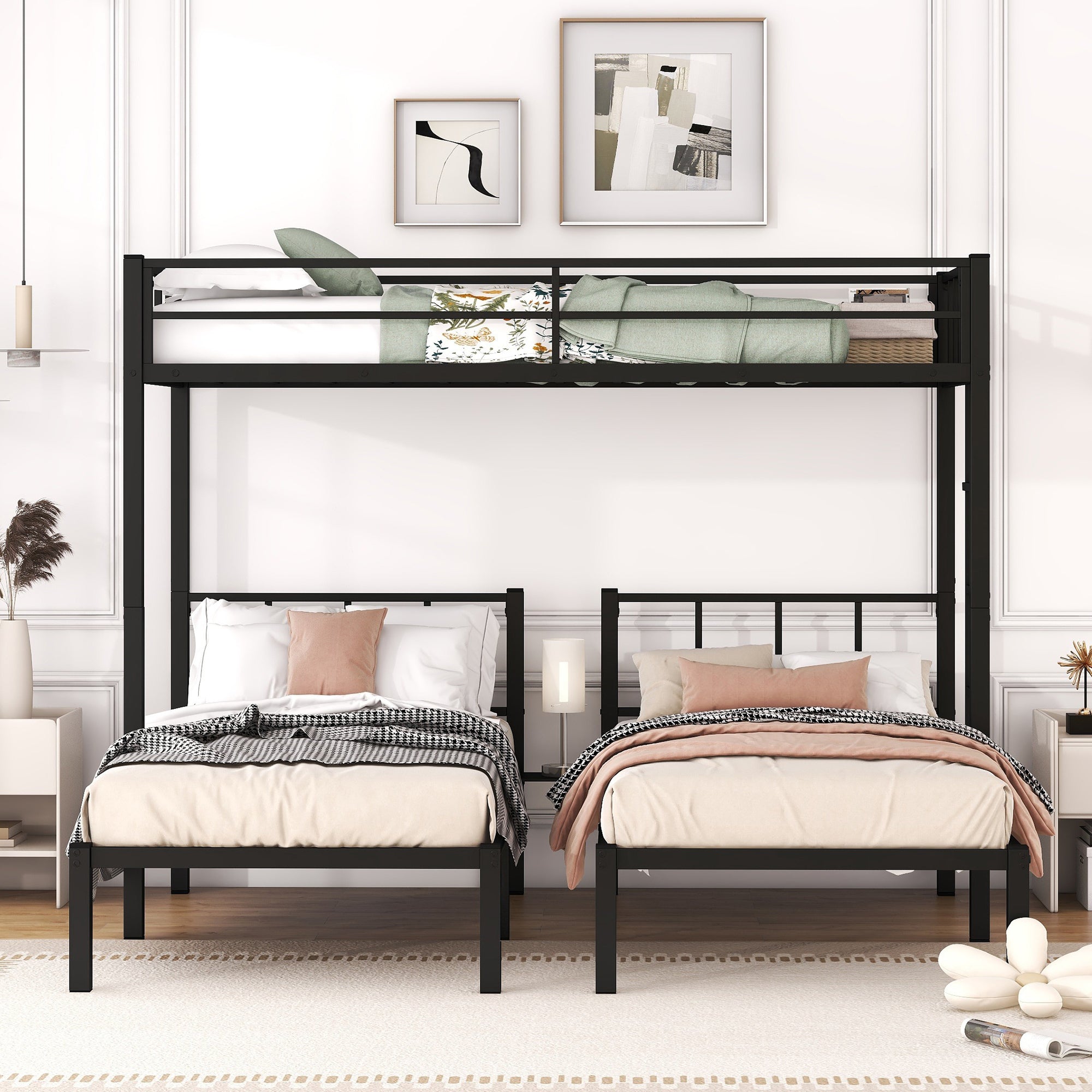 Twin over Twin & Twin Bunk Beds for 3, Twin XL over Twin & Twin Bunk Bed Metal Triple Bunk Bed, Black(Pre-sale date: October 31st)
