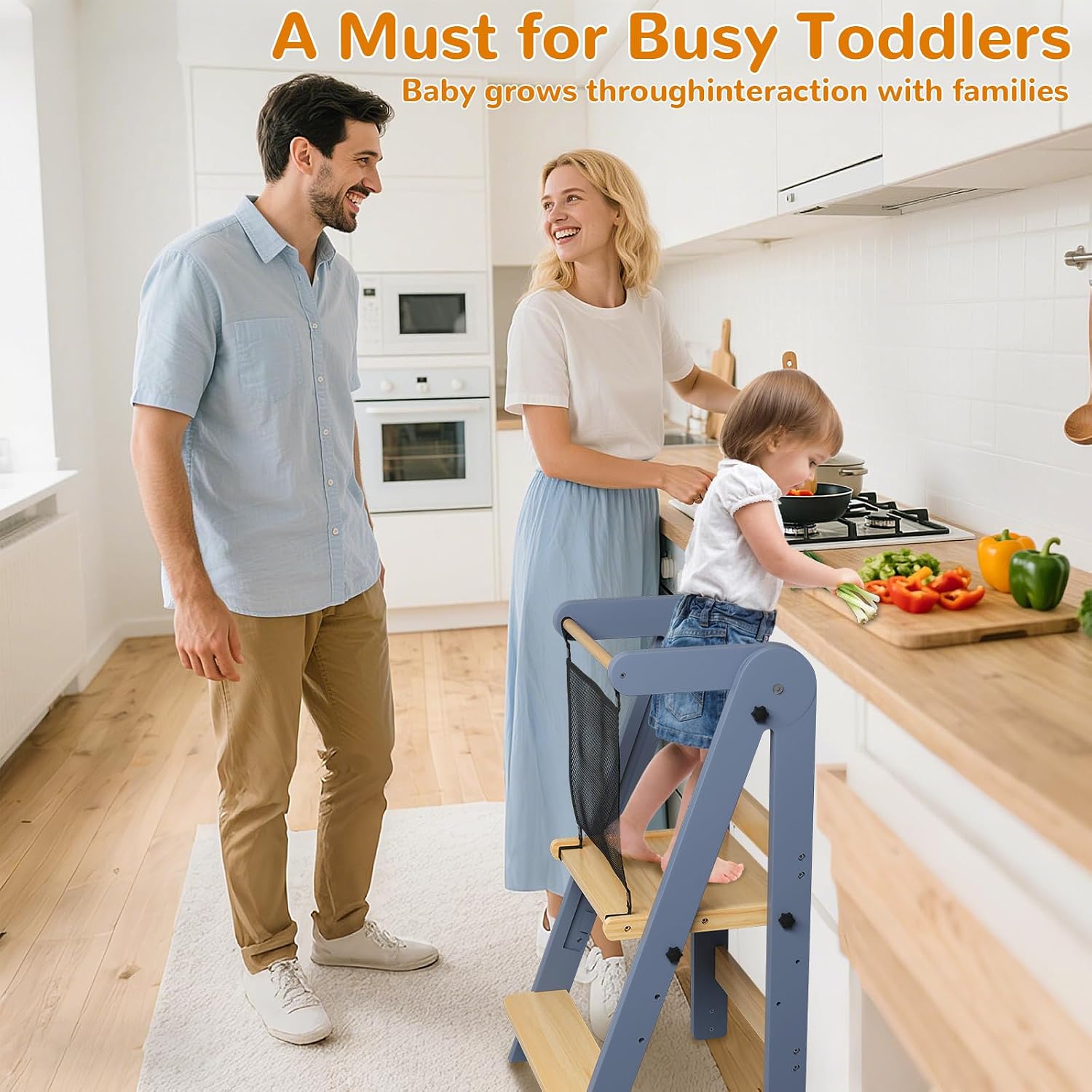 Foldable Toddler Kitchen Tower, 3 Adjustable Height Wooden Step Stool, Toddler Standing Tower with Safety Net