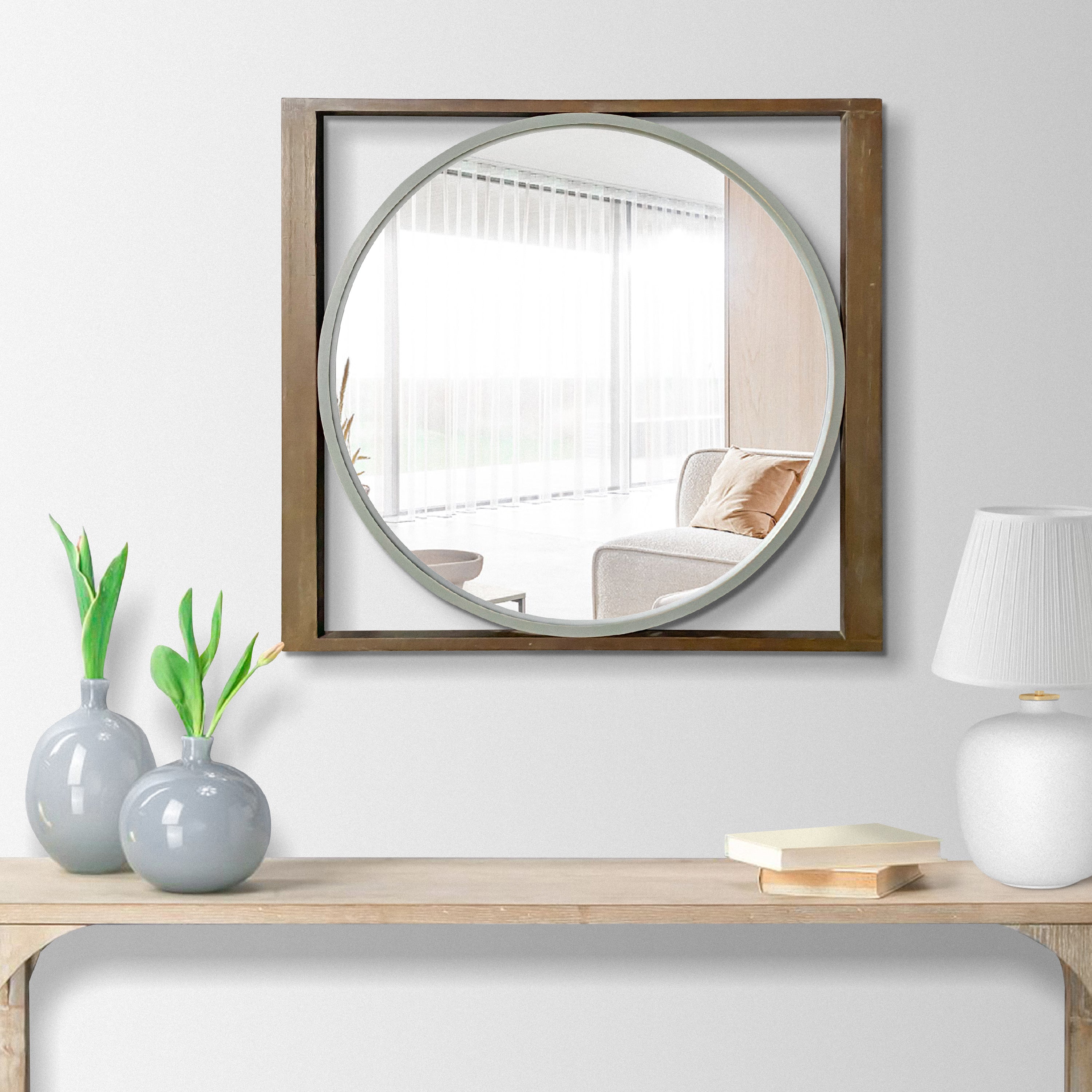 Round Wall Mirror with Rectangular Wooden Frame, Brown