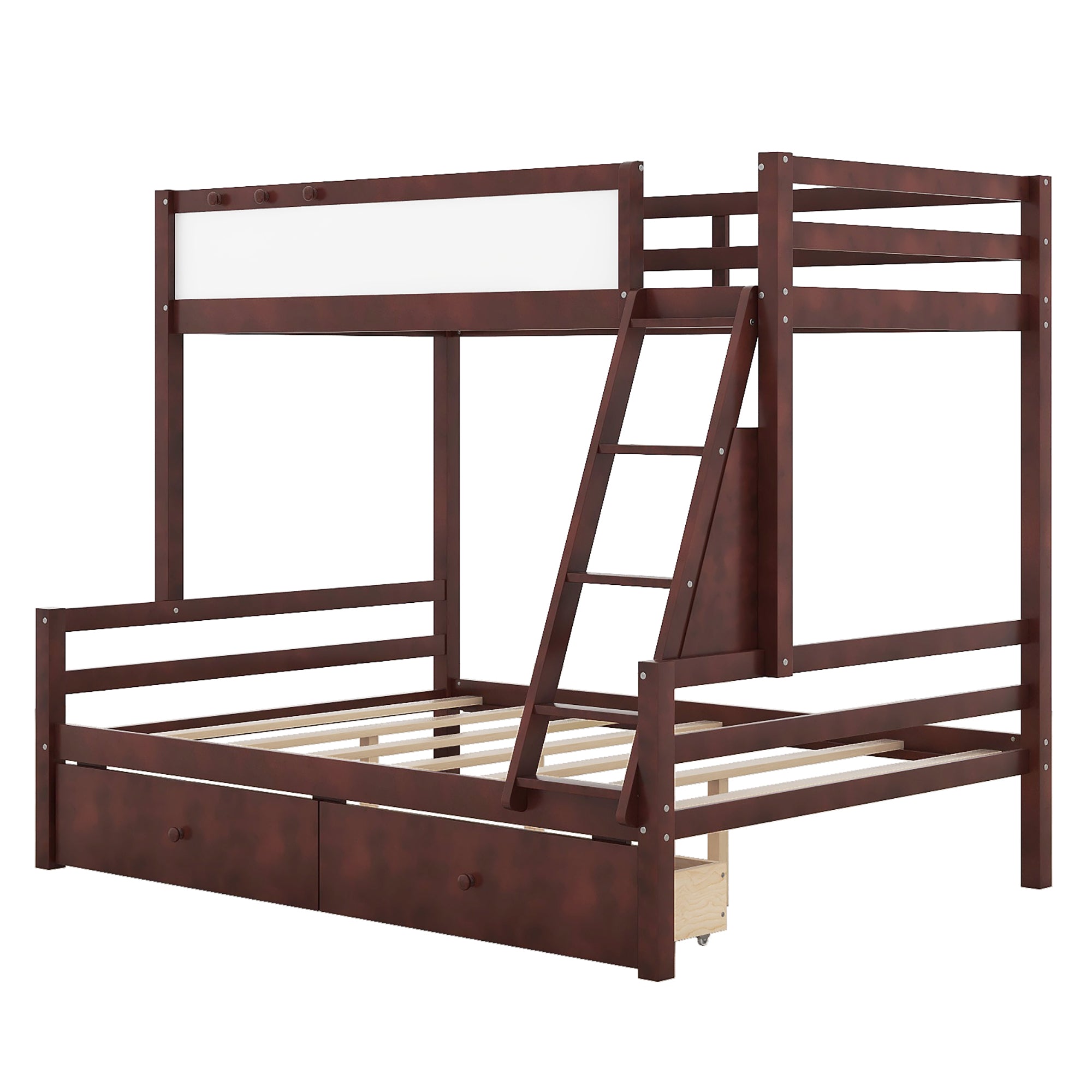 Wood Twin over Full Bunk Bed with Whiteboard, 3 Hooks and 2 Drawers, Espresso
