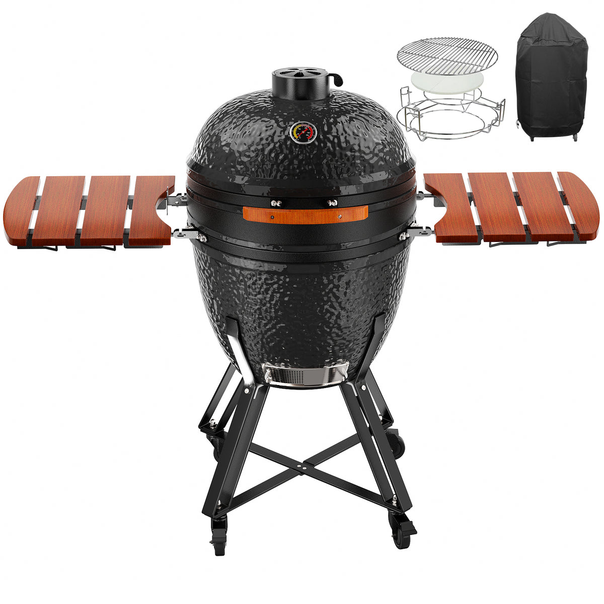 Kamado Portable Charcoal Grill with Side Shelves and Cover