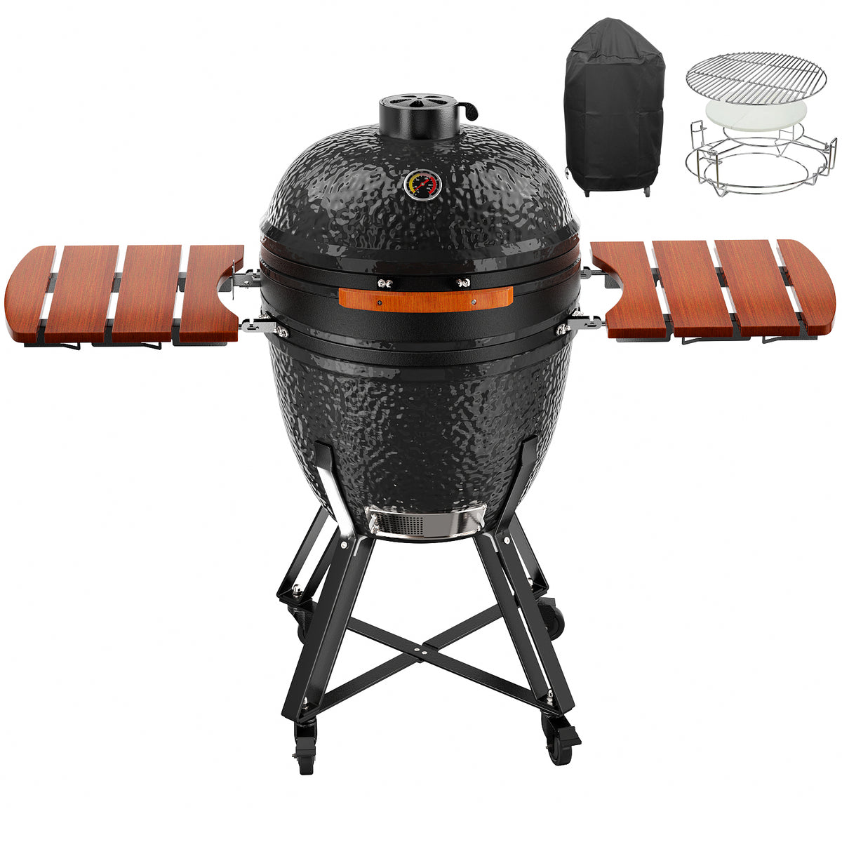 Kamado Portable Charcoal Grill with Side Shelves and Cover