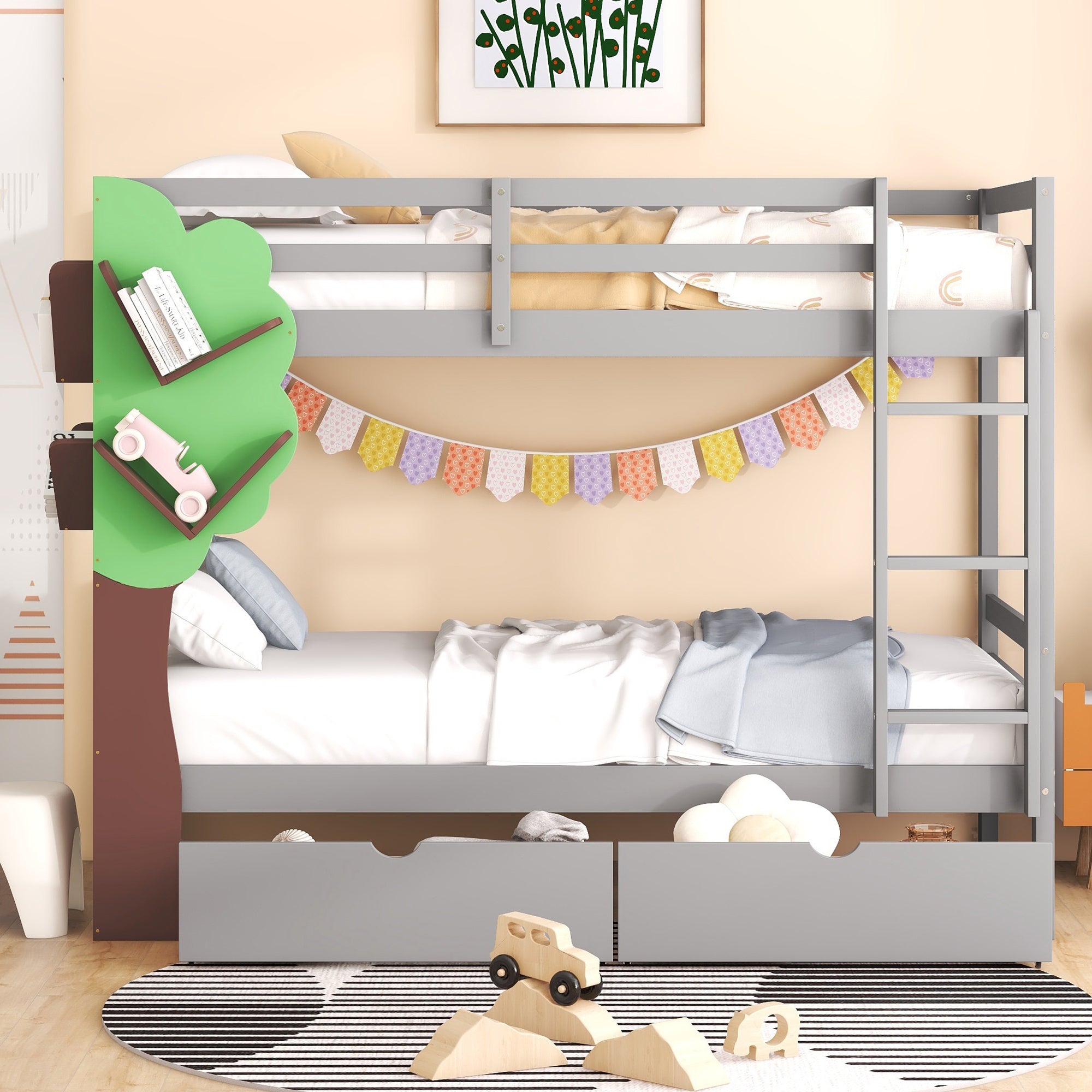 Twin-Over-Twin Bunk Bed with  a Tree Decor and Two Storage Drawers, Gray