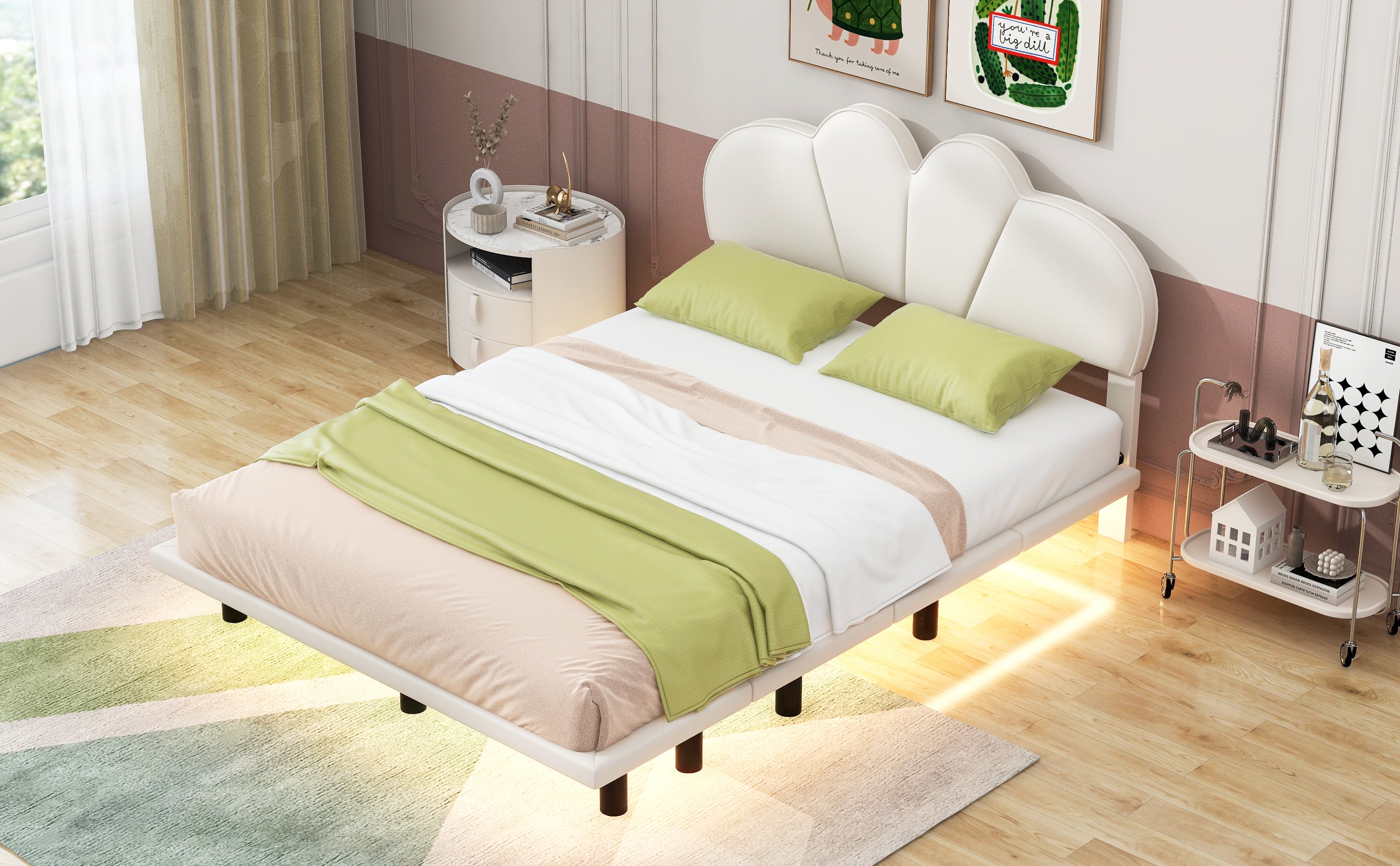 Queen Size Upholstery Platform Bed with PU Leather Headboard and Support Legs,Underbed LED Light,Beige