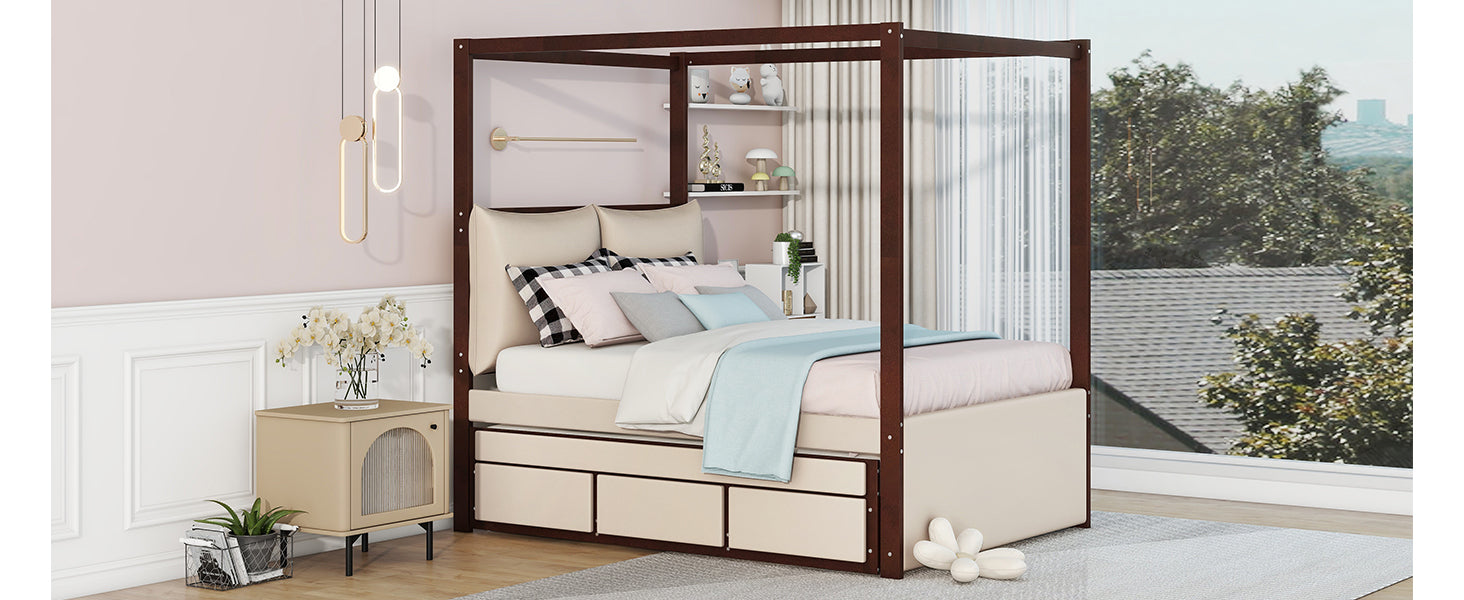 Full Size Upholstered  Canopy Bed with Trundle and 3 Drawers, Beige
