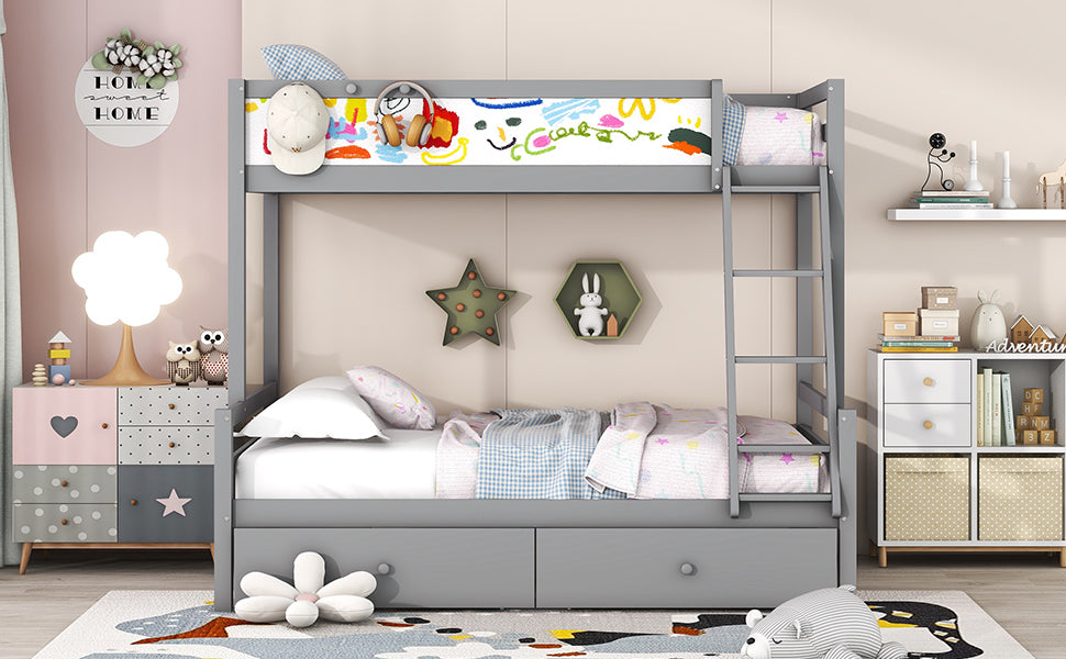 Wood Twin over Full Bunk Bed with Whiteboard, 3 Hooks and 2 Drawers, Grey