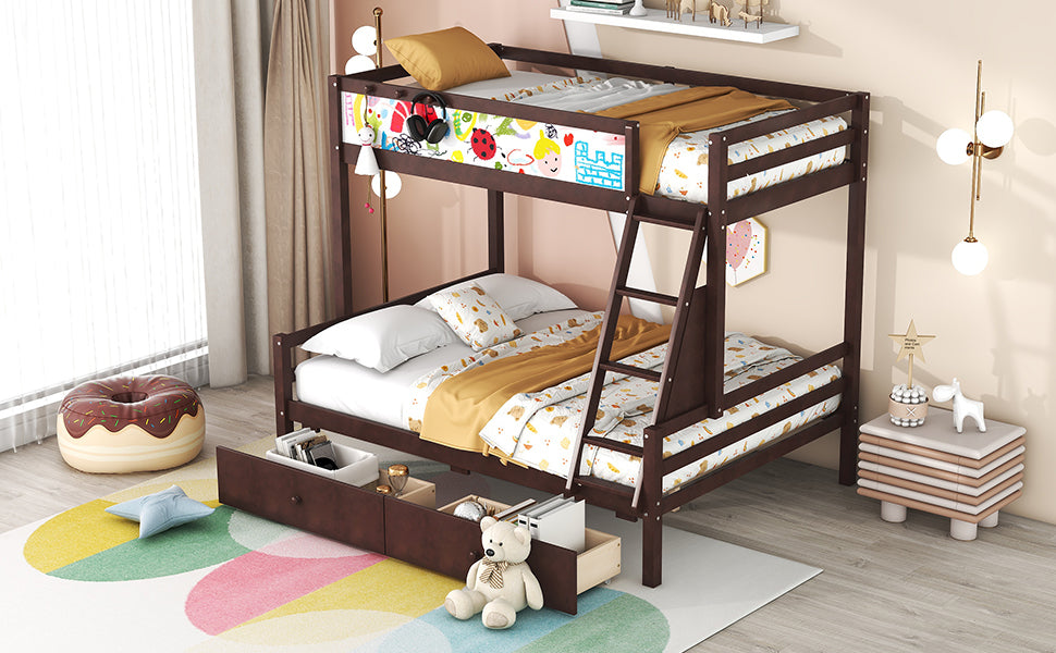 Wood Twin over Full Bunk Bed with Whiteboard, 3 Hooks and 2 Drawers, Espresso