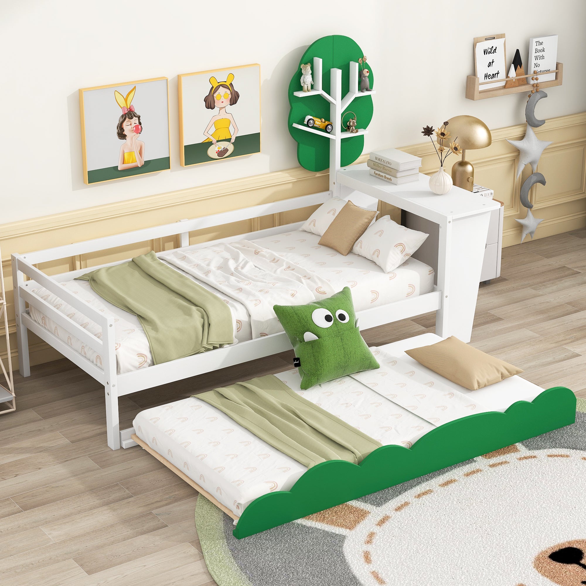 Twin Size Daybed with Desk, Green Tree Shape Shelves and Trundle, White