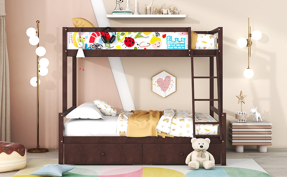 Wood Twin over Full Bunk Bed with Whiteboard, 3 Hooks and 2 Drawers, Espresso