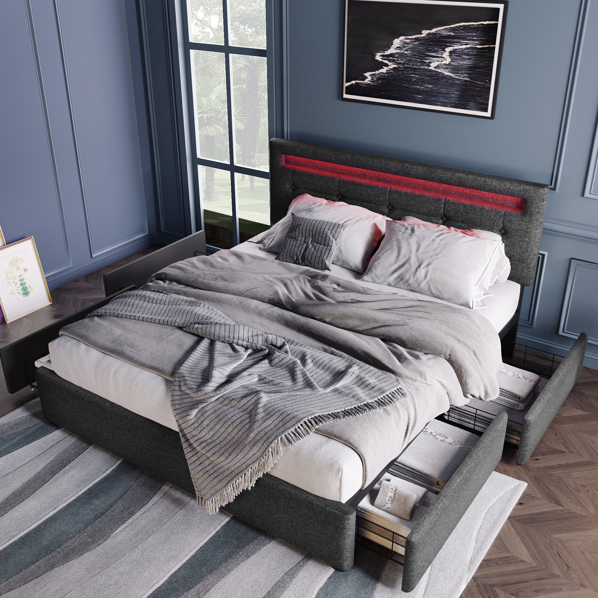 Bed Frame Full Size, Upholstered Platform Bed Frame with 4 Storage Drawers and LED Lights & Adjustable Headboard,No Box Spring Needed,Grey
