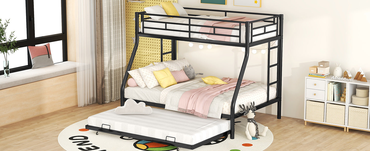 Twin over Full Bed with Sturdy Steel Frame, Bunk Bed with Twin Size Trundle, Two-Side Ladders, Black