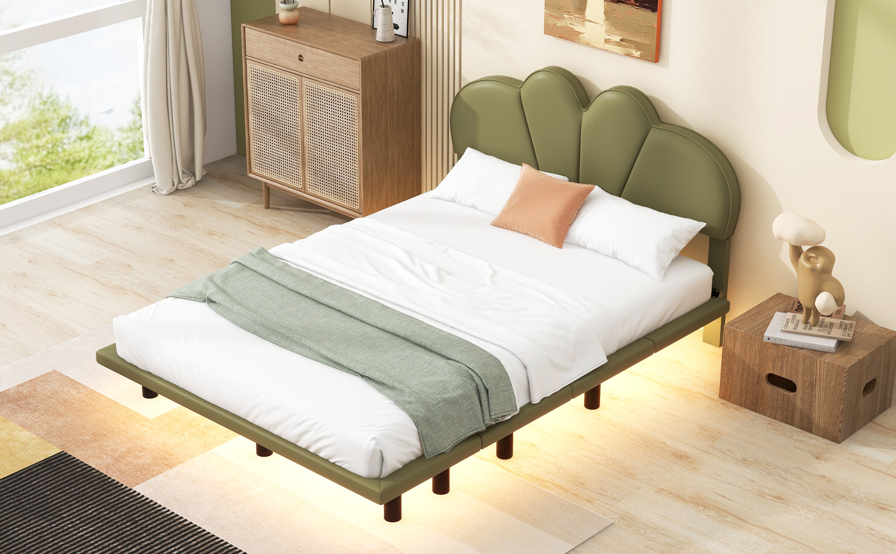 Queen Size Upholstery Platform Bed with PU Leather Headboard and Support Legs,Underbed LED Light,Green