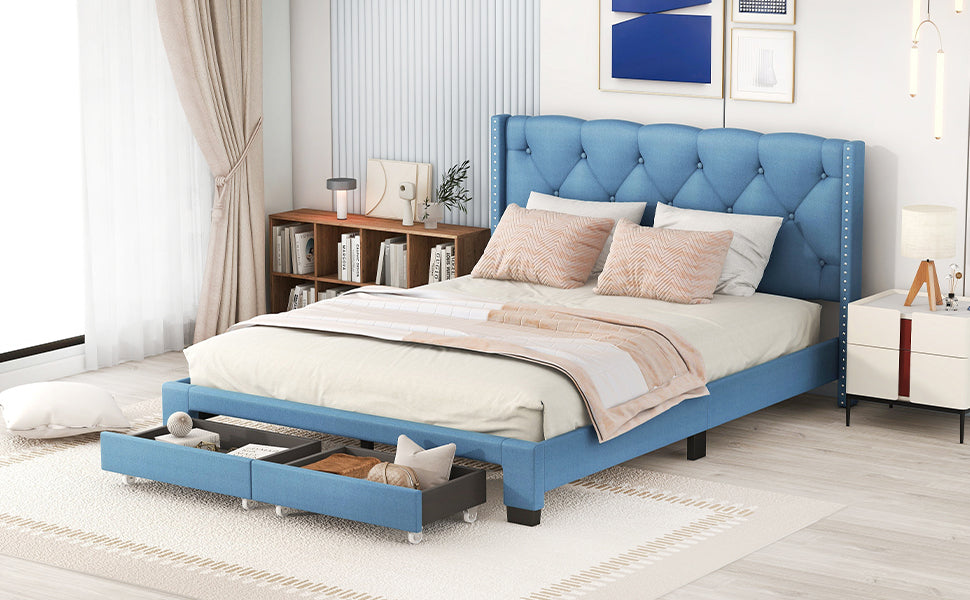 Queen Size Storage Bed Linen Upholstered Platform Bed with Two Drawers - Blue