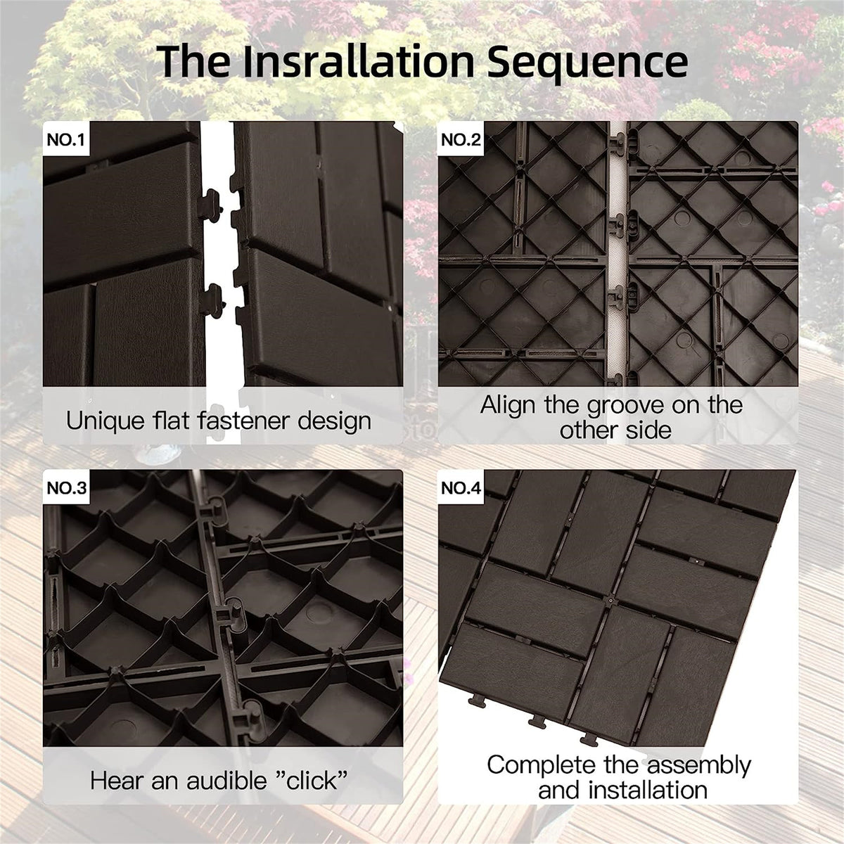 Patio Interlocking Deck Tiles, 12"x12" Square Composite Decking Tiles, Four Slat Plastic Outdoor Flooring Tile All Weather for Balcony Porch Backyard, (Brown, Pack of 27)