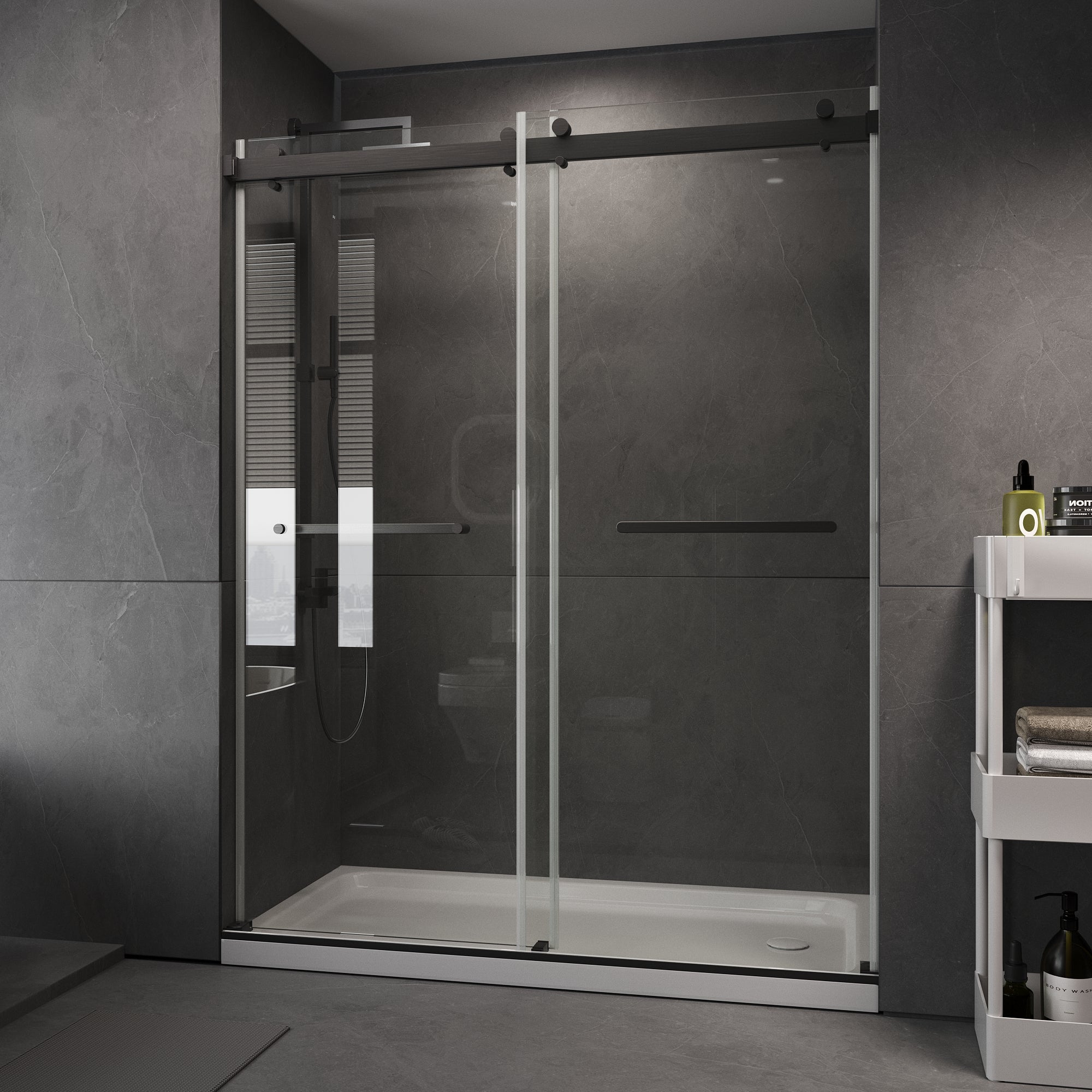 56 to 60'' W x 76'' H Frameless Shower Door, Double Sliding Shower Door with Premium 1/4" (6mm) Thick Tempered Glass, Stainless Steel, Matte Black 30340058BF-Black-hsq