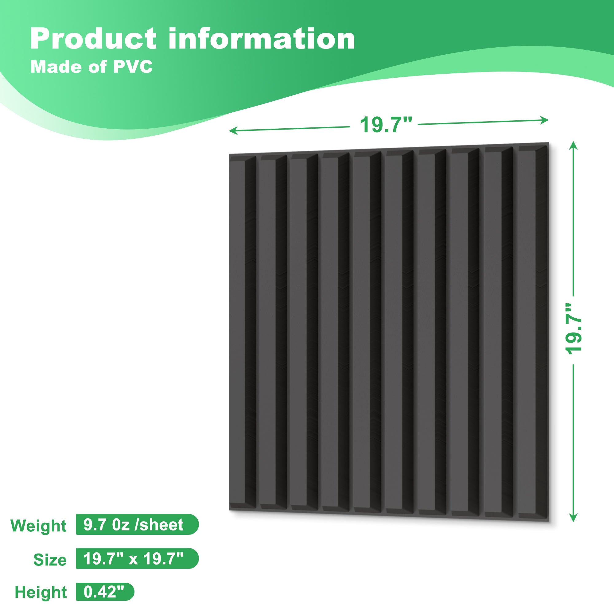 PVC Slat Wall Panel, 19.7 x 19.7in 3D Fluted Textured Panel Black, Suitable for Kitchen, Living Room, and Home 3D Wall Panels(12-Pack, 32 Sq.ft)