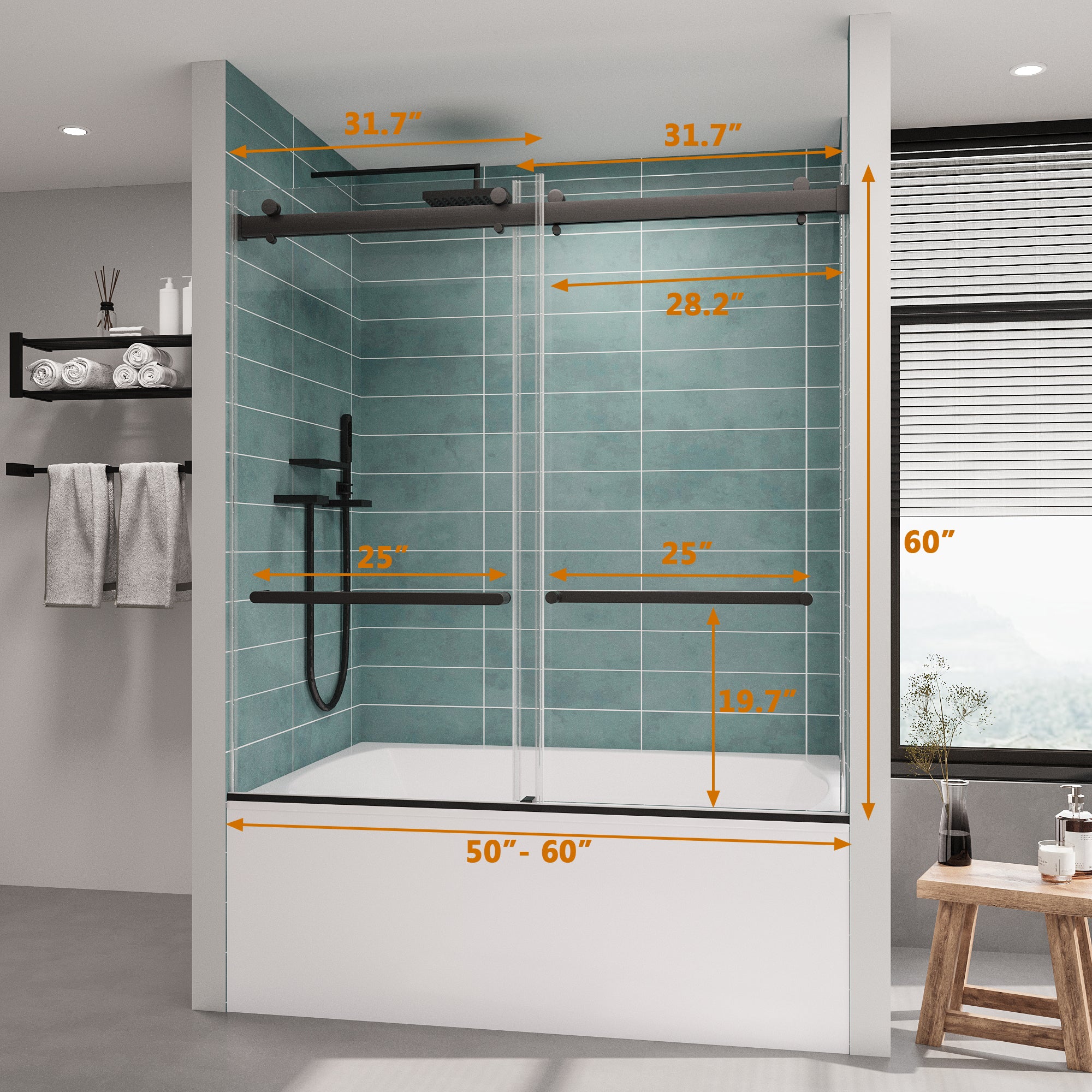 Frameless Bathtub Shower Doors 56-60 W x 60 H