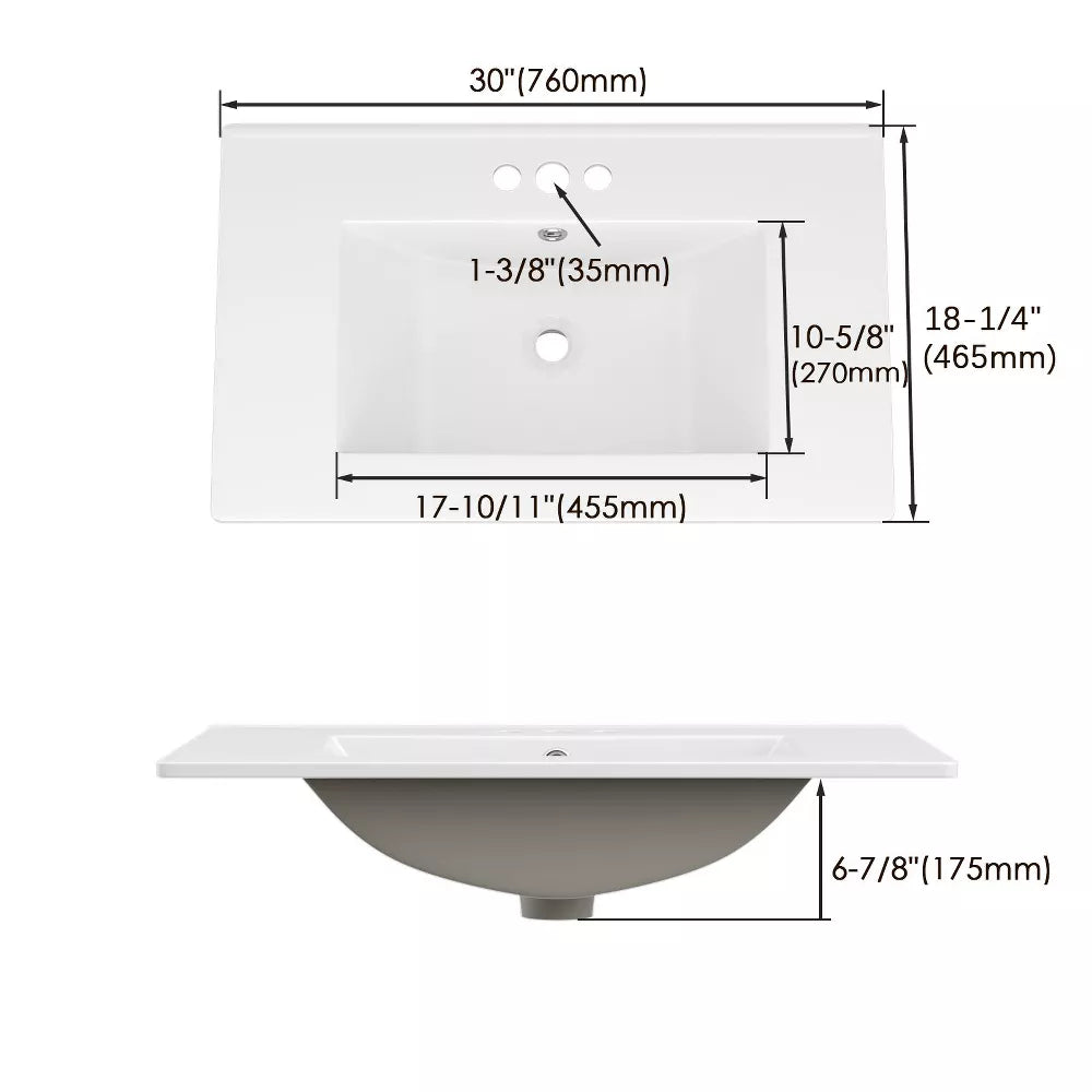 3-Hole 30 in. W x 18.25 in. D Classic Contemporary Rectangular Ceramic Single Sink Basin Vanity Top in White