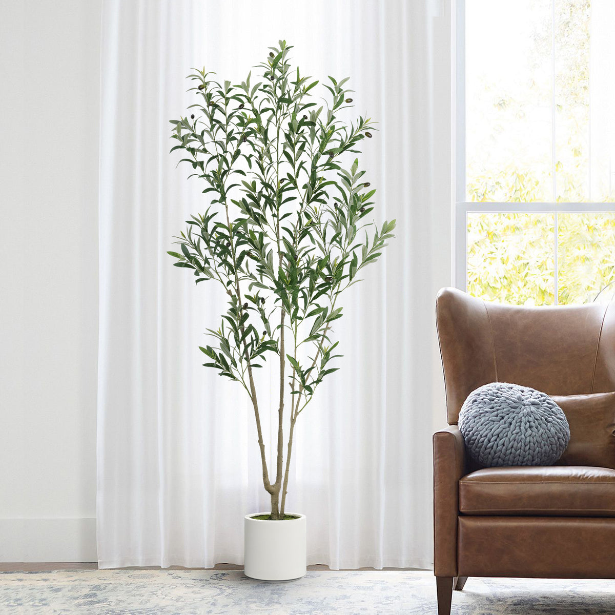Artificial Olive Tree 6ft, Faux Olive Tree with White Planter and Fake Moss