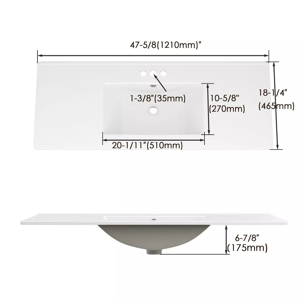 3-Hole 48 in. W x 18.25 in. D Classic Contemporary Rectangular Ceramic Single Sink Basin Vanity Top in White