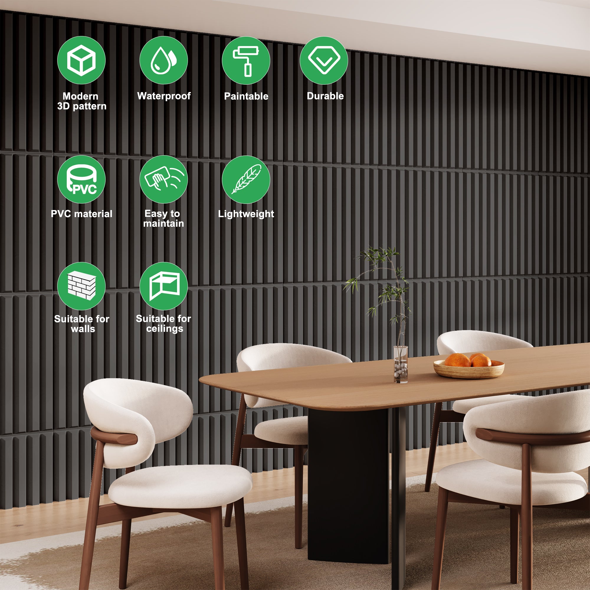 PVC Slat Wall Panel, 19.7 x 19.7in 3D Fluted Textured Panel Black, Suitable for Kitchen, Living Room, and Home 3D Wall Panels(12-Pack, 32 Sq.ft)
