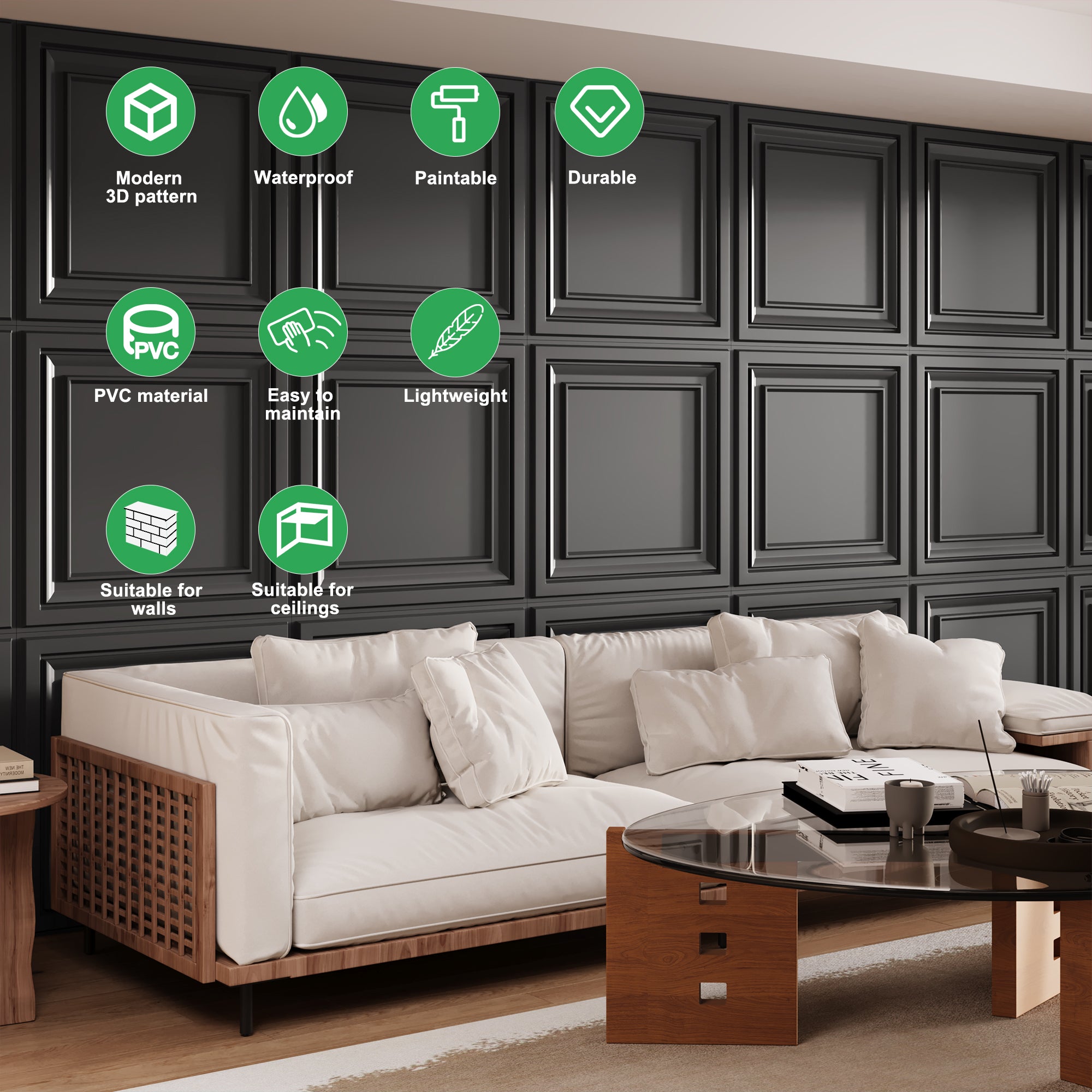 PVC Ceiling Tiles, 2x2 Feet Glue Up Plastic Sheet in Black, Suitable for Kitchen, Living Room, and Home Decorative Ceilings (12-Pack, 48 Sq.ft)