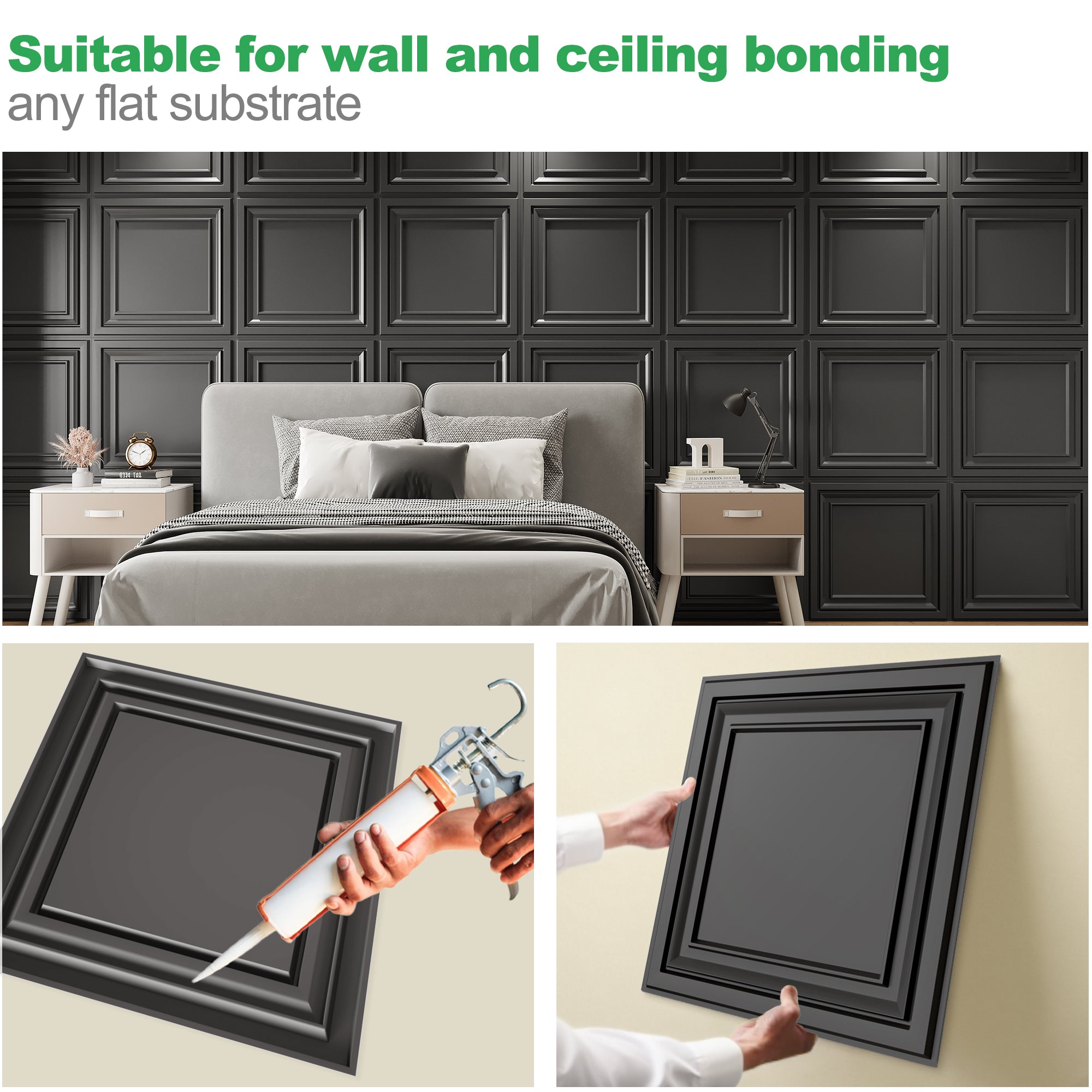 PVC Ceiling Tiles, 2x2 Feet Glue Up Plastic Sheet in Black, Suitable for Kitchen, Living Room, and Home Decorative Ceilings (12-Pack, 48 Sq.ft)