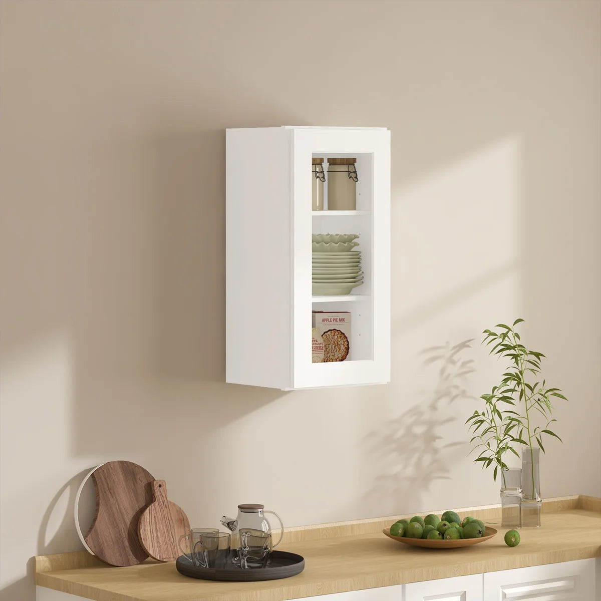 15"W * 30"H * 12"D Shaker White Glass Wall Kitchen Cabinet