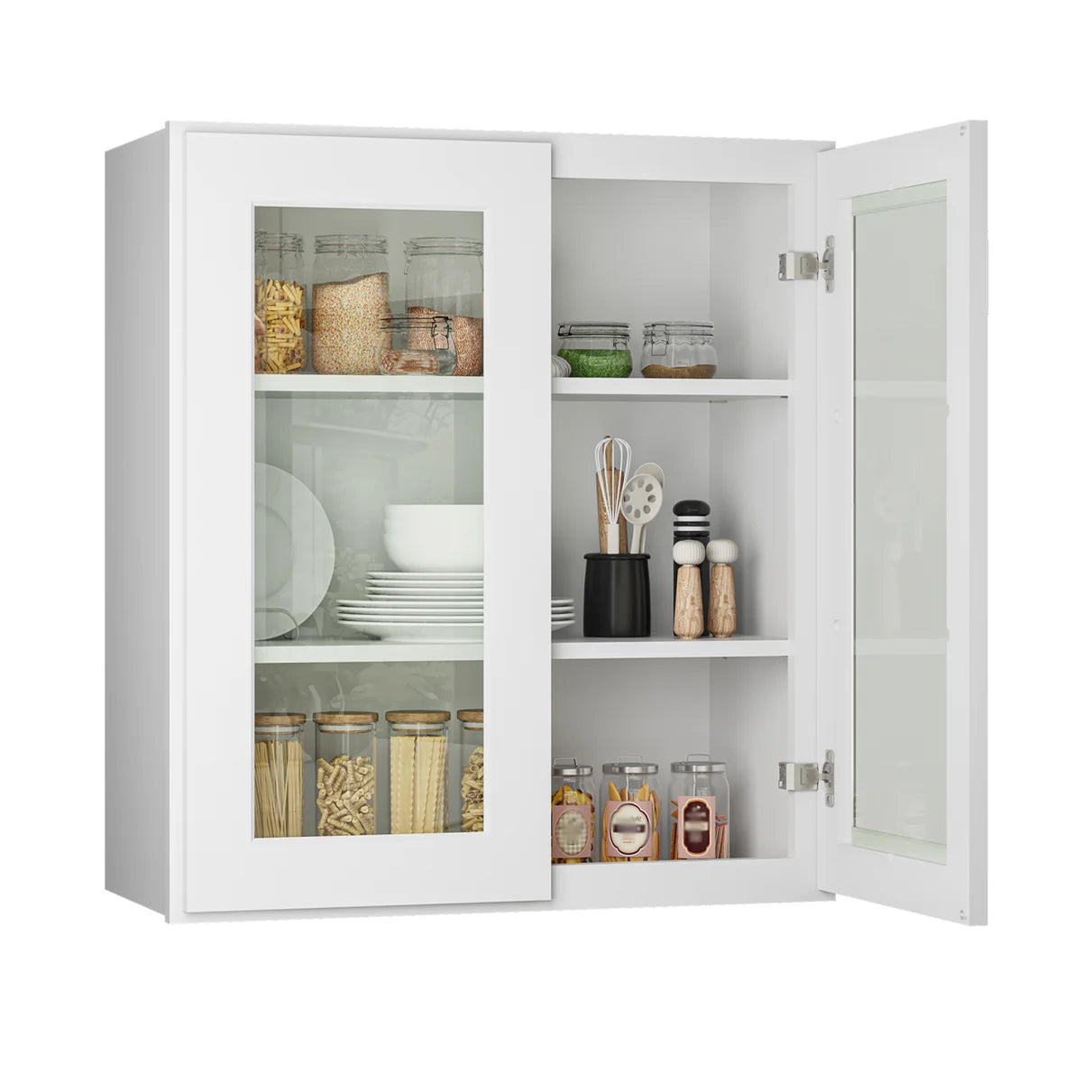 33"W * 36"H * 12"D Shaker White Glass Wall Kitchen Cabinet with Adjustable Shelves
