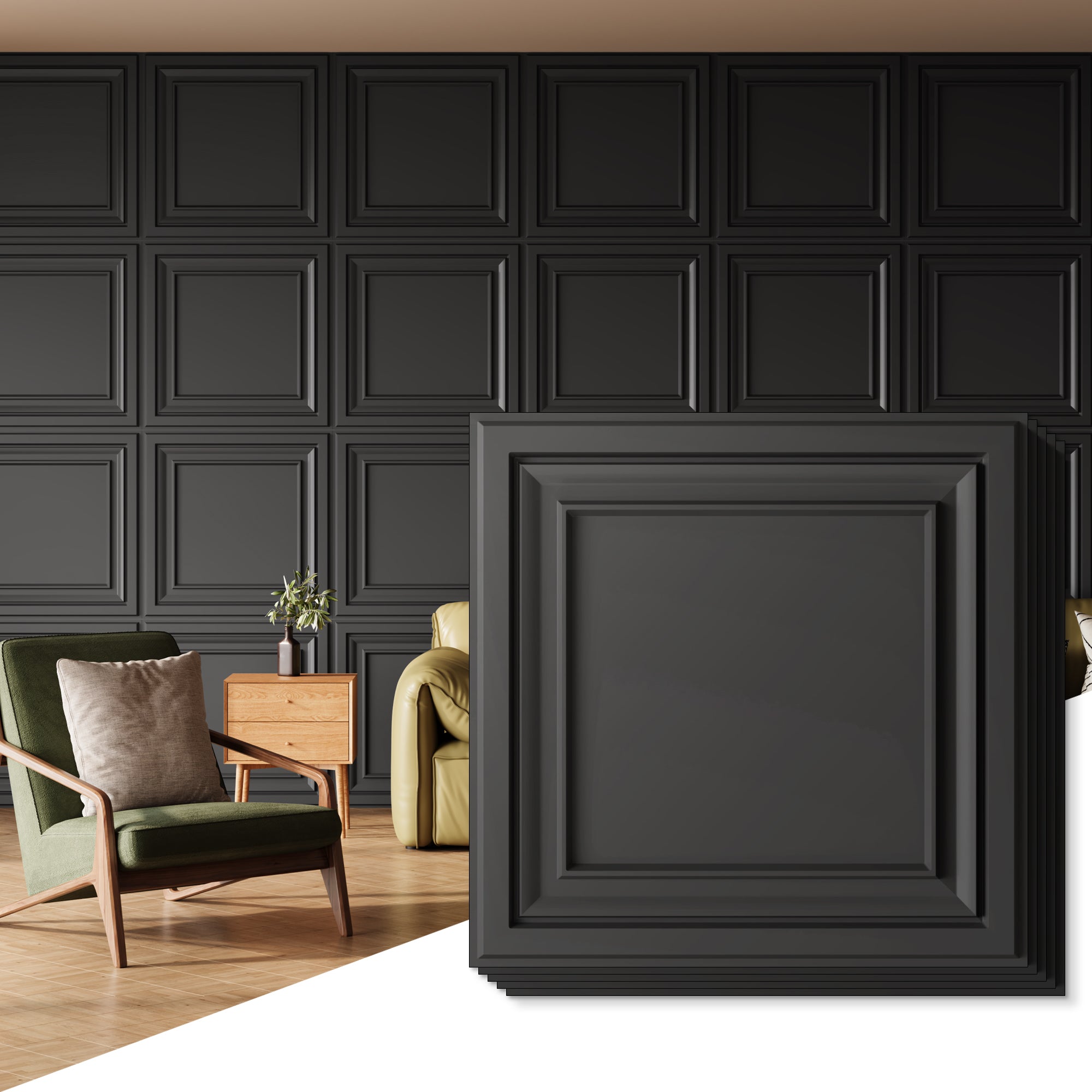 PVC Ceiling Tiles, 2x2 Feet Glue Up Plastic Sheet in Black, Suitable for Kitchen, Living Room, and Home Decorative Ceilings (12-Pack, 48 Sq.ft)