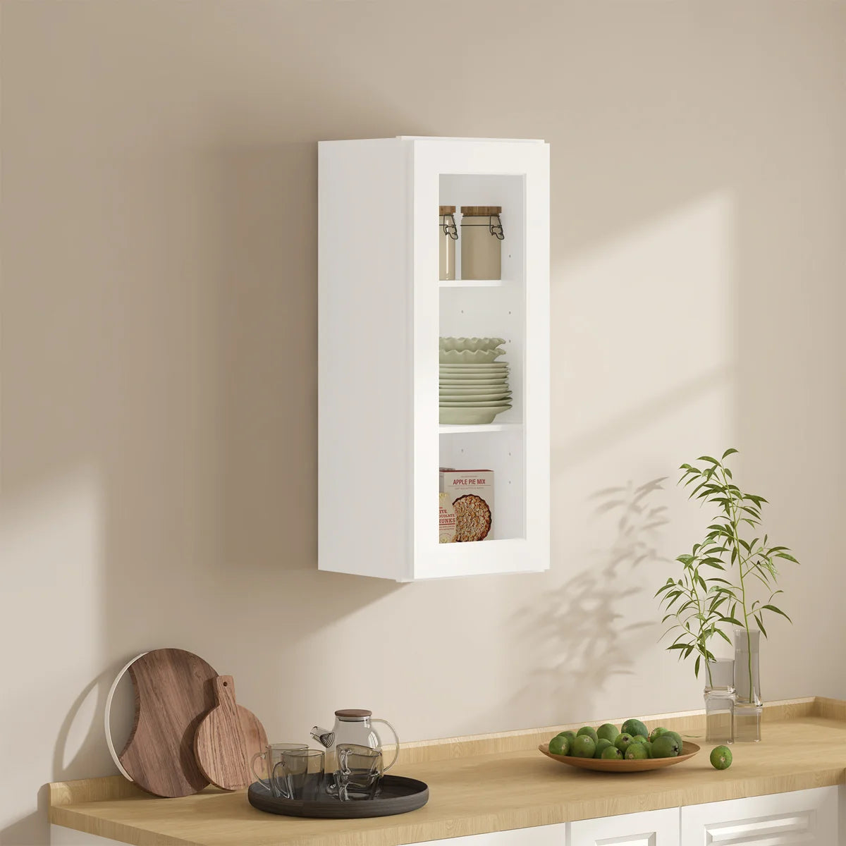 15"W * 36"H * 12"D Shaker White Glass Wall Kitchen Cabinet