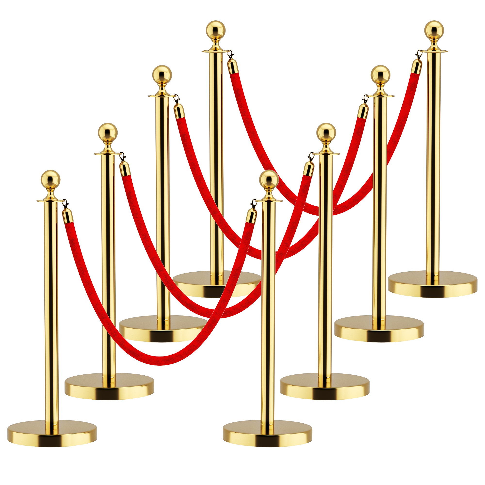 4 PCS Stainless Steel Gold Stanchions with Red Velvet Rope, 5 ft. Crowd Control Barrier with Ball Top