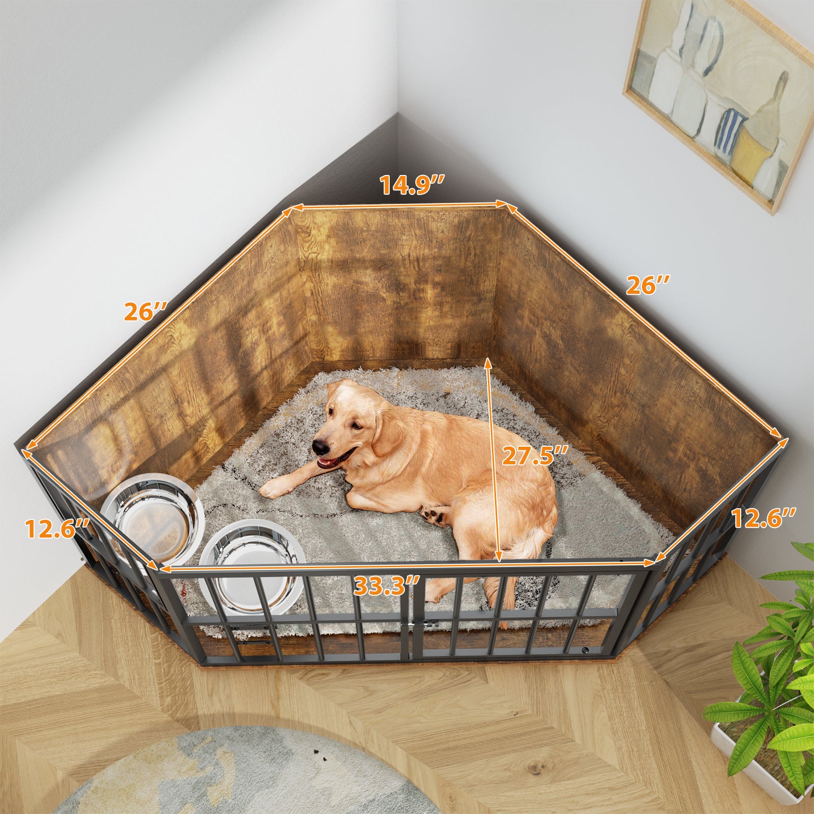 Furniture Dog Crate Corner, Dog Kennel Corner Wooden End Table with Bowl