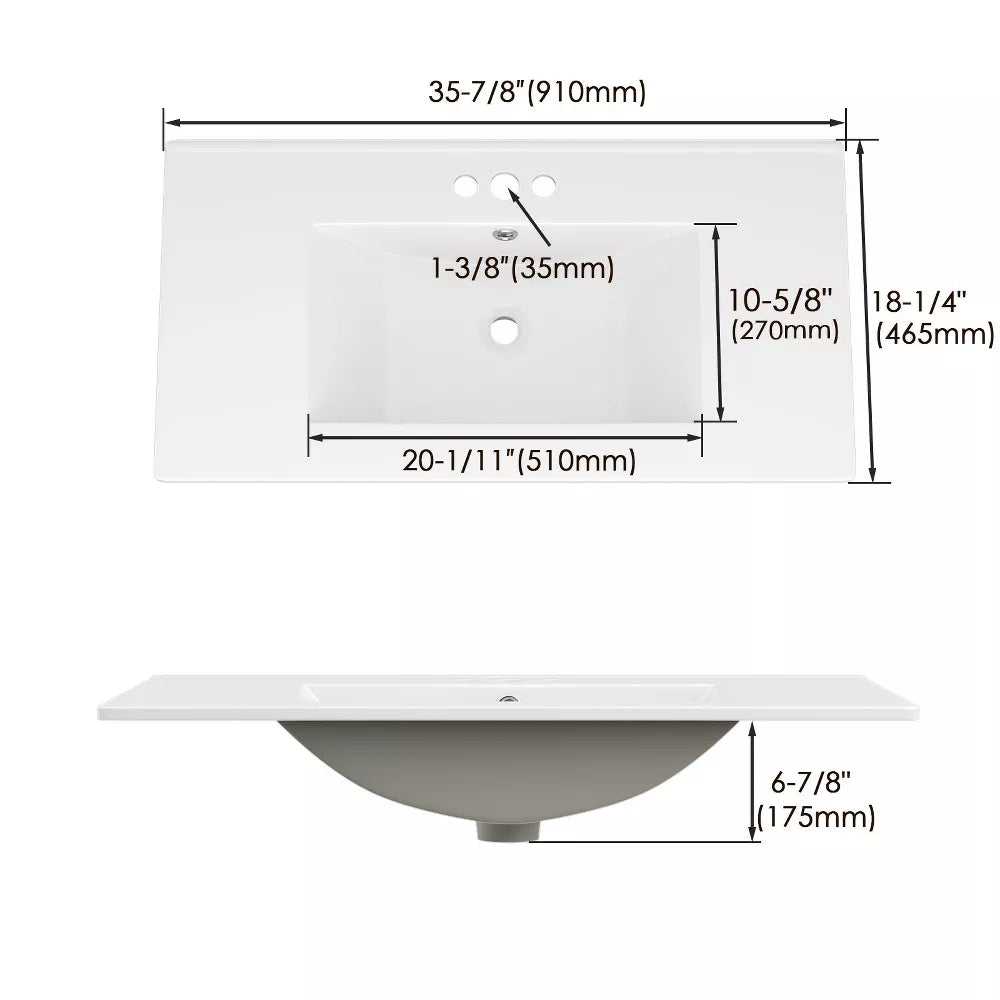3-Hole 36 in. W x 18.25 in. D Classic Contemporary Rectangular Ceramic Single Sink Basin Vanity Top in White