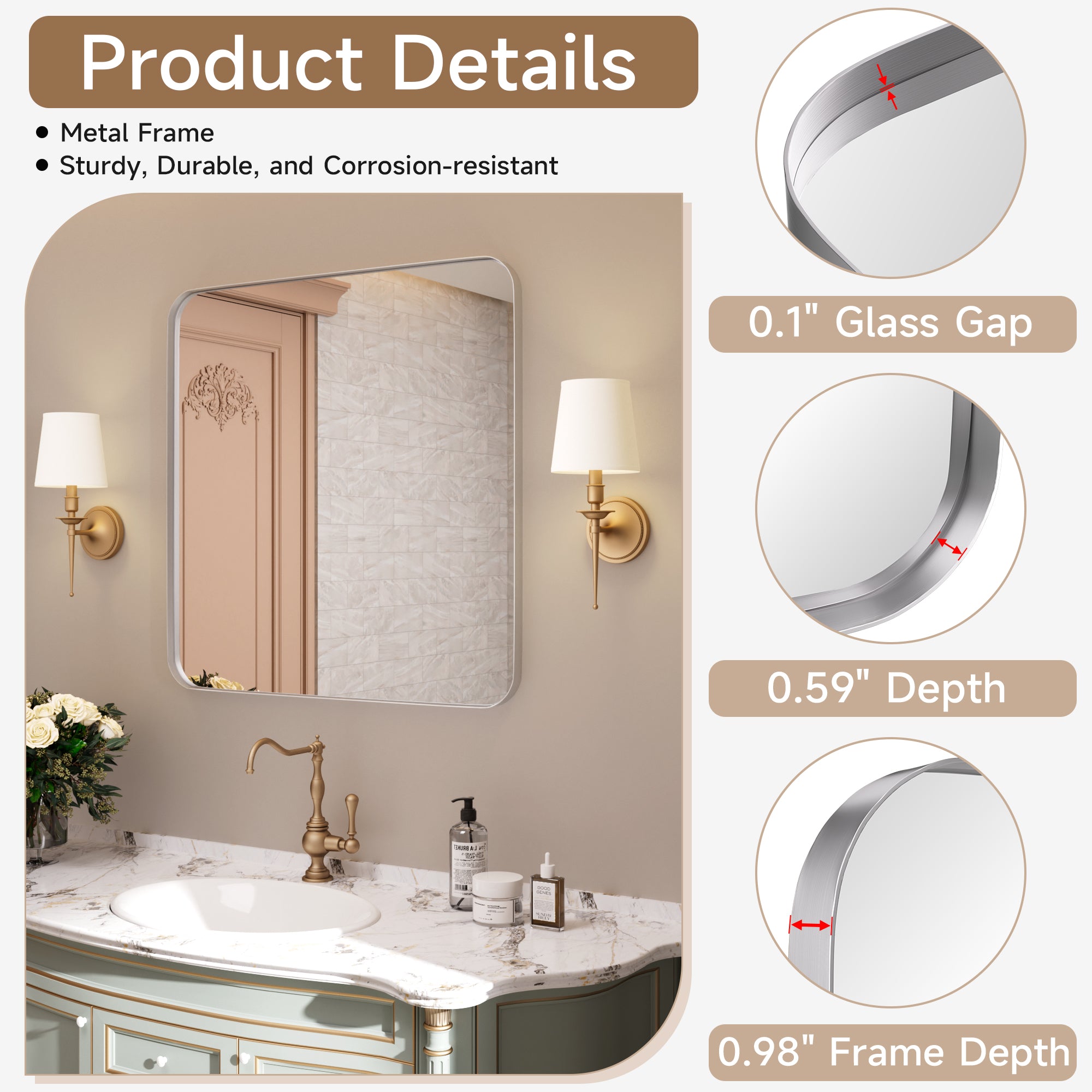24 in. W x 36 in. H Tempered Glass Rectangular Framed Wall-Mounted Bathroom Vanity Mirror in Silver