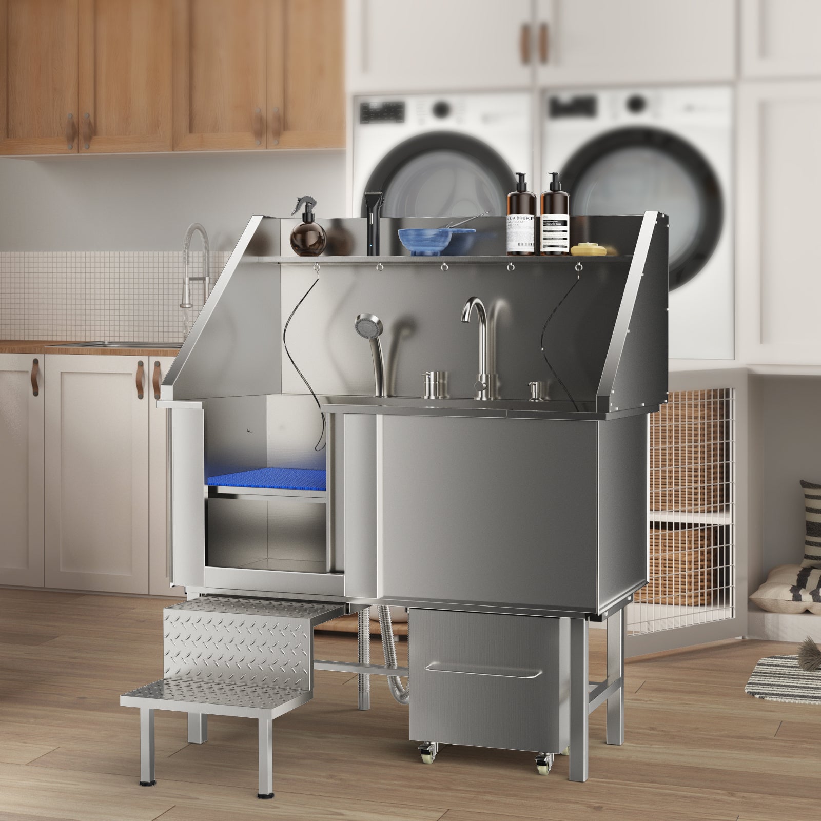 50 in. Dog Washing Station with Sink, Storage, Drawer and Ladder