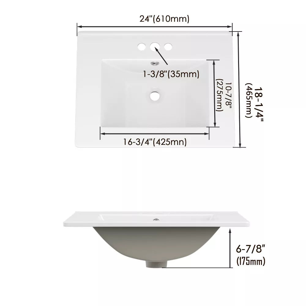 3-Hole 24 in. W x 18.25 in. D Classic Contemporary Rectangular Ceramic Single Sink Basin Vanity Top in White