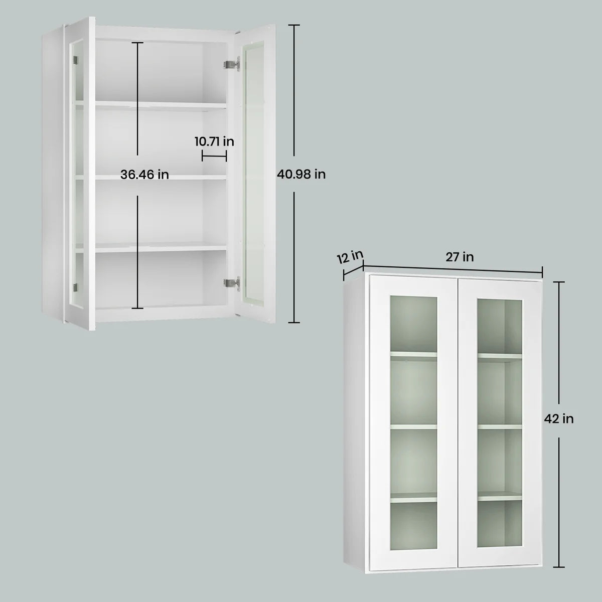 27"W * 42"H * 12"D Shaker White Glass Wall Kitchen Cabinet with Adjustable Shelves