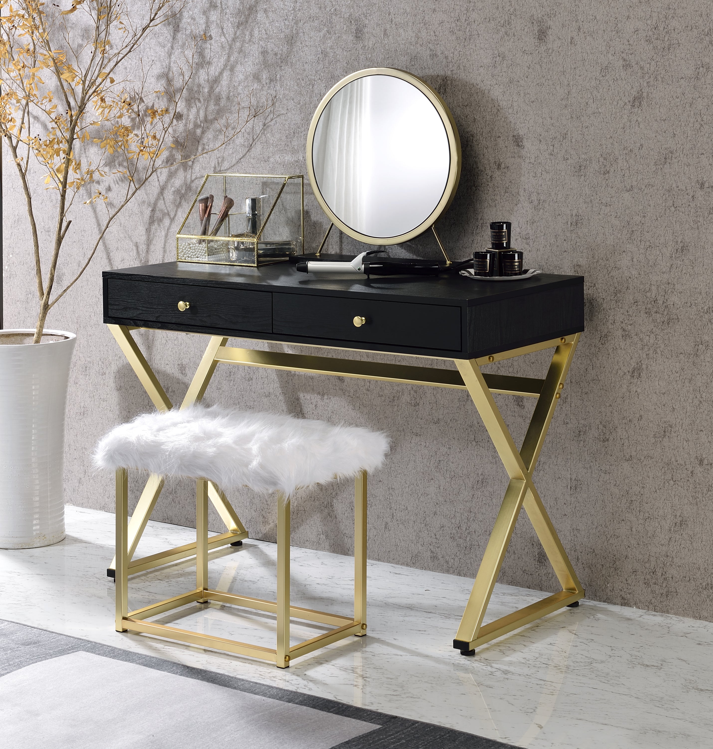 Vanity Mirror & Stool in Faux Fur, Mirror, Black & Brass Finish AC00931
